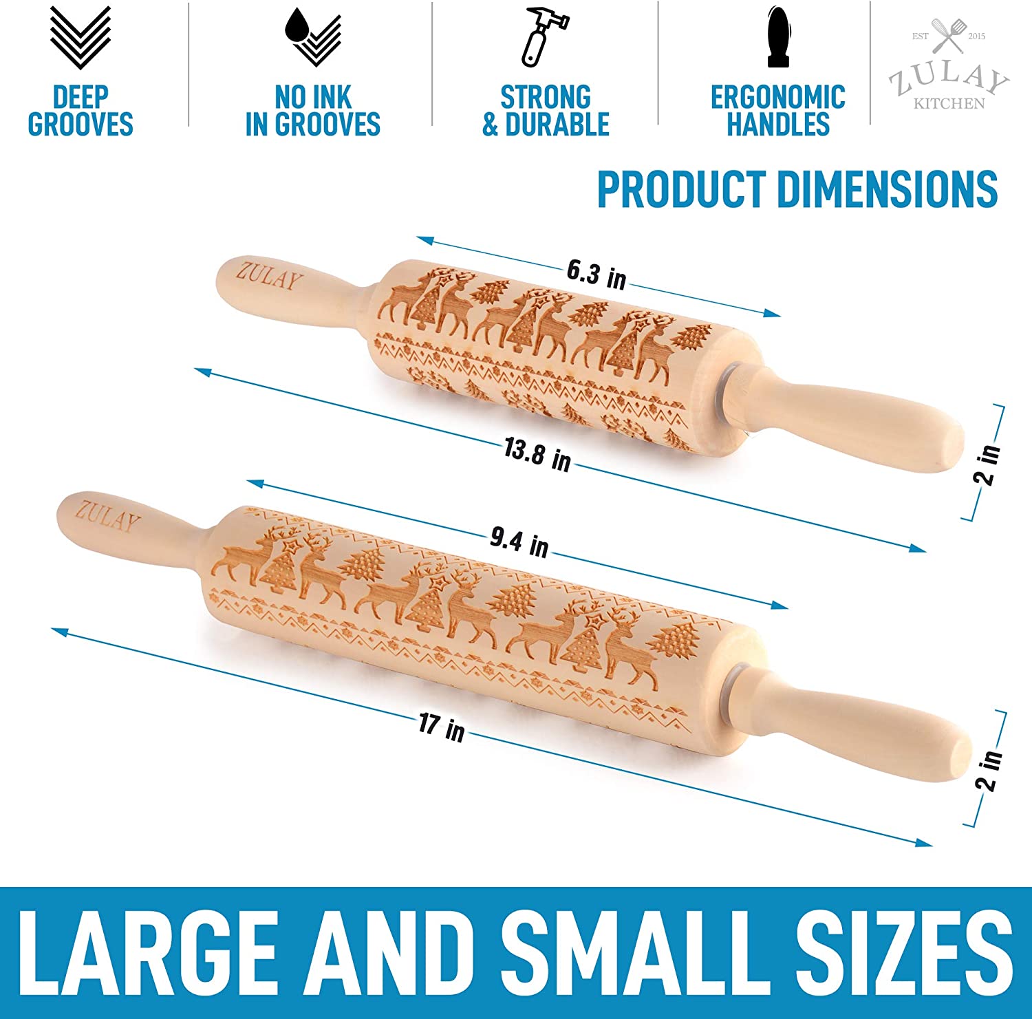 (Set of 2) Handcrafted Wooden Christmas Cookie Rolling Pin - Perfect for Holiday Baking, Gingerbread Cookies & Festive DIY Decorations