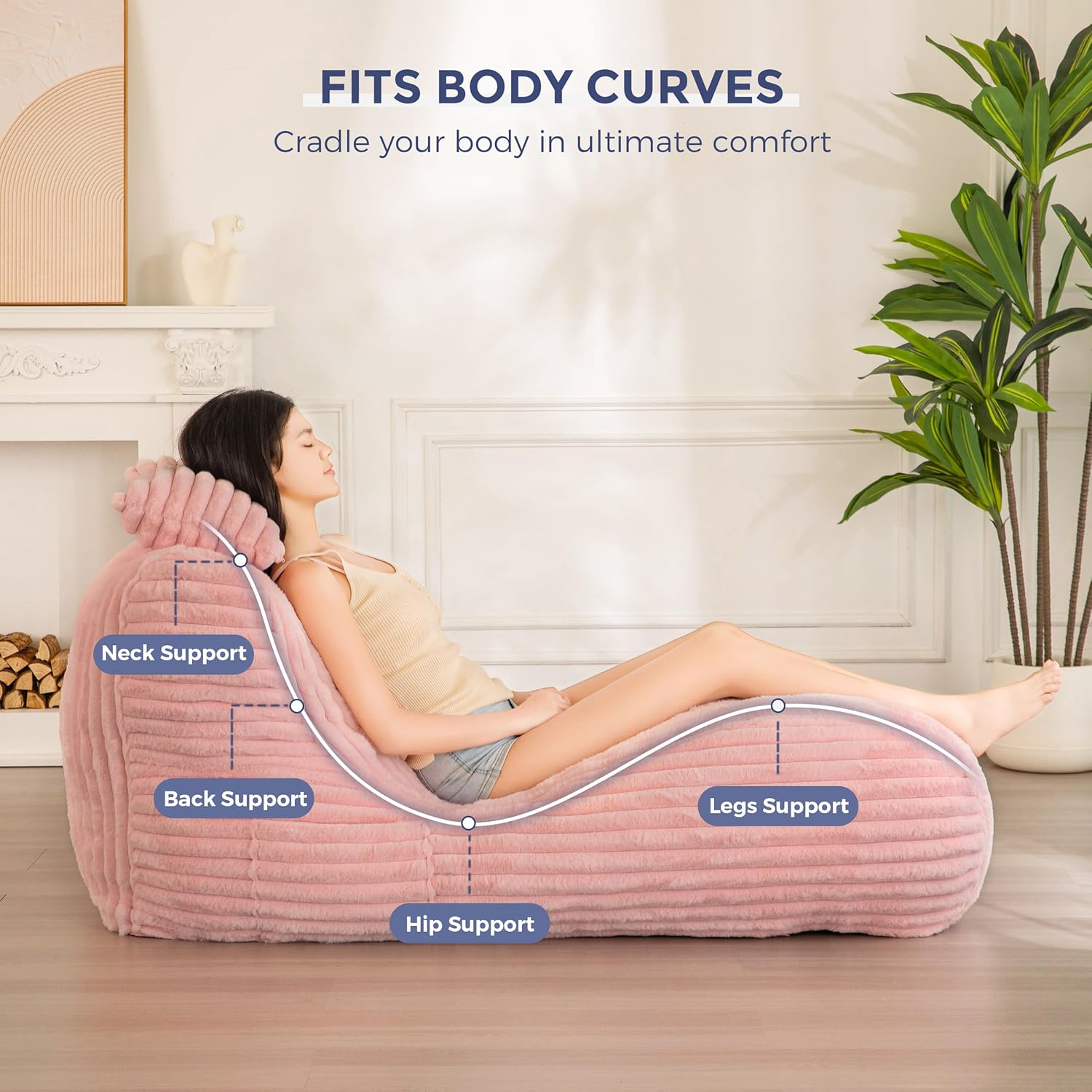 MAXYOYO Ergonomic Chaise Lounge Chair with Pillow - Soft Velvet Fabric Floor Sofa for Bedroom & Living Room - Pink Fainting Couch | Perfect for Relaxing, Reading & Napping in Style