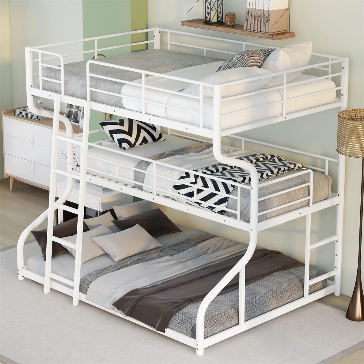 Sturdy Triple Bunk Bed Frame - Full XL Over Twin XL Over Queen Metal Bunk Bed with Ladder & Safety Rails for Kids, Teens & Adults | Space-Saving Bedroom & Dorm Furniture for Shared Rooms (White)