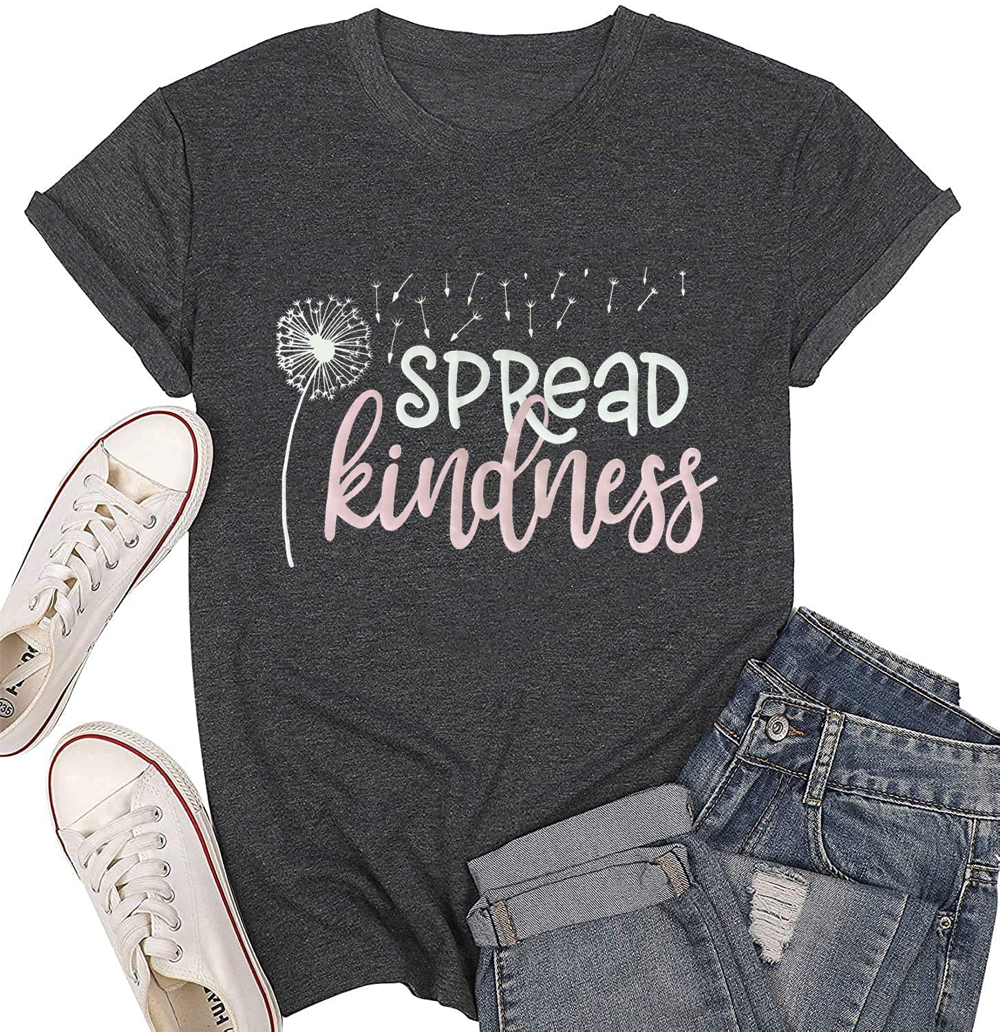 Spread Kindness Women's T-Shirt - Dandelion Graphic Tee with Inspirational Letter Print | Cute Casual Summer Top for Everyday Wear, Outings & Gifts