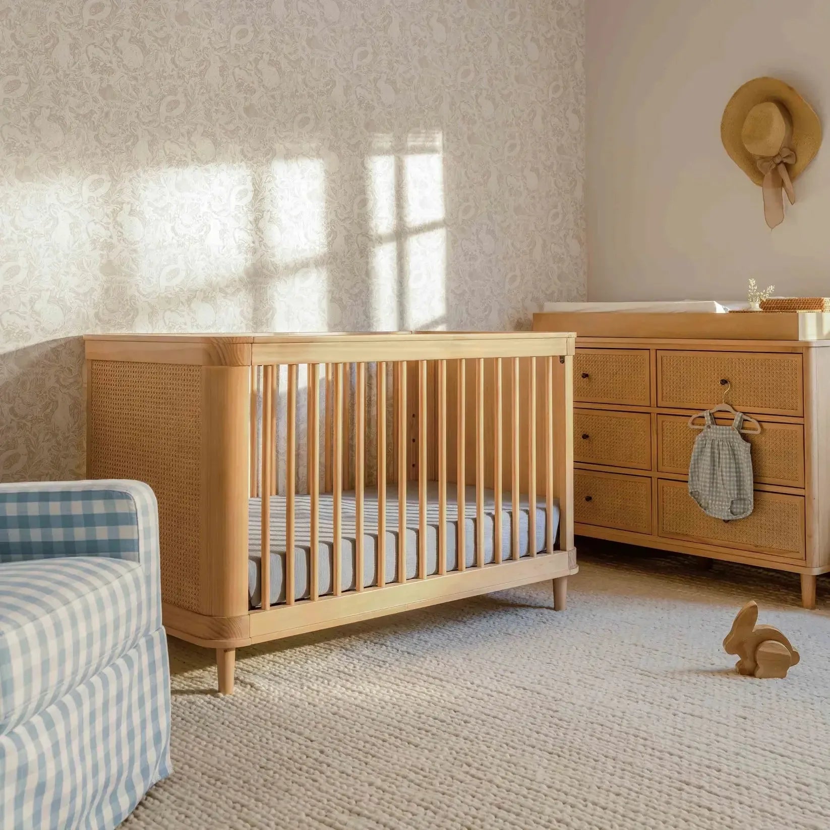 Namesake Marin Cane 3-in-1 Convertible Baby Crib in Honey & Cane Finish - Nursery Furniture for Newborn to Toddler - Perfect for Modern Nursery, Bedroom or Daycare
