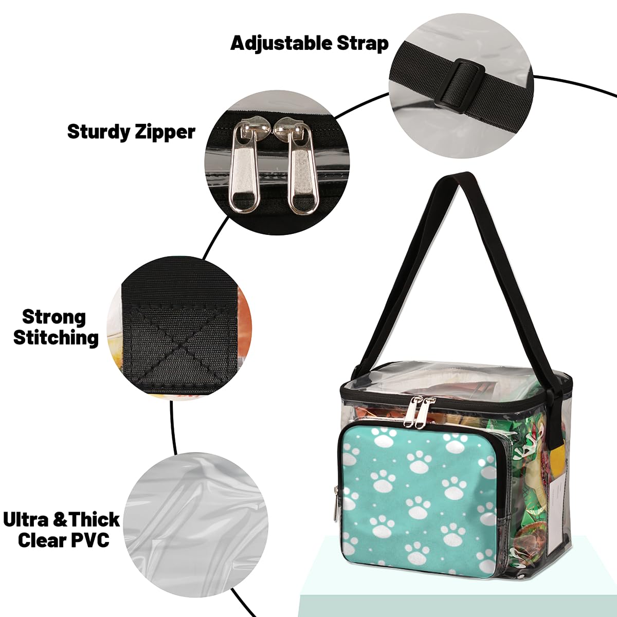 Cute White Paw Print Clear Tote Bag with Handles - Transparent Crossbody Shoulder Bag for Lunch, Outdoor, Travel, Picnic, Concerts & Sports Events | Stadium Approved Multipurpose Purse for Women & Girls