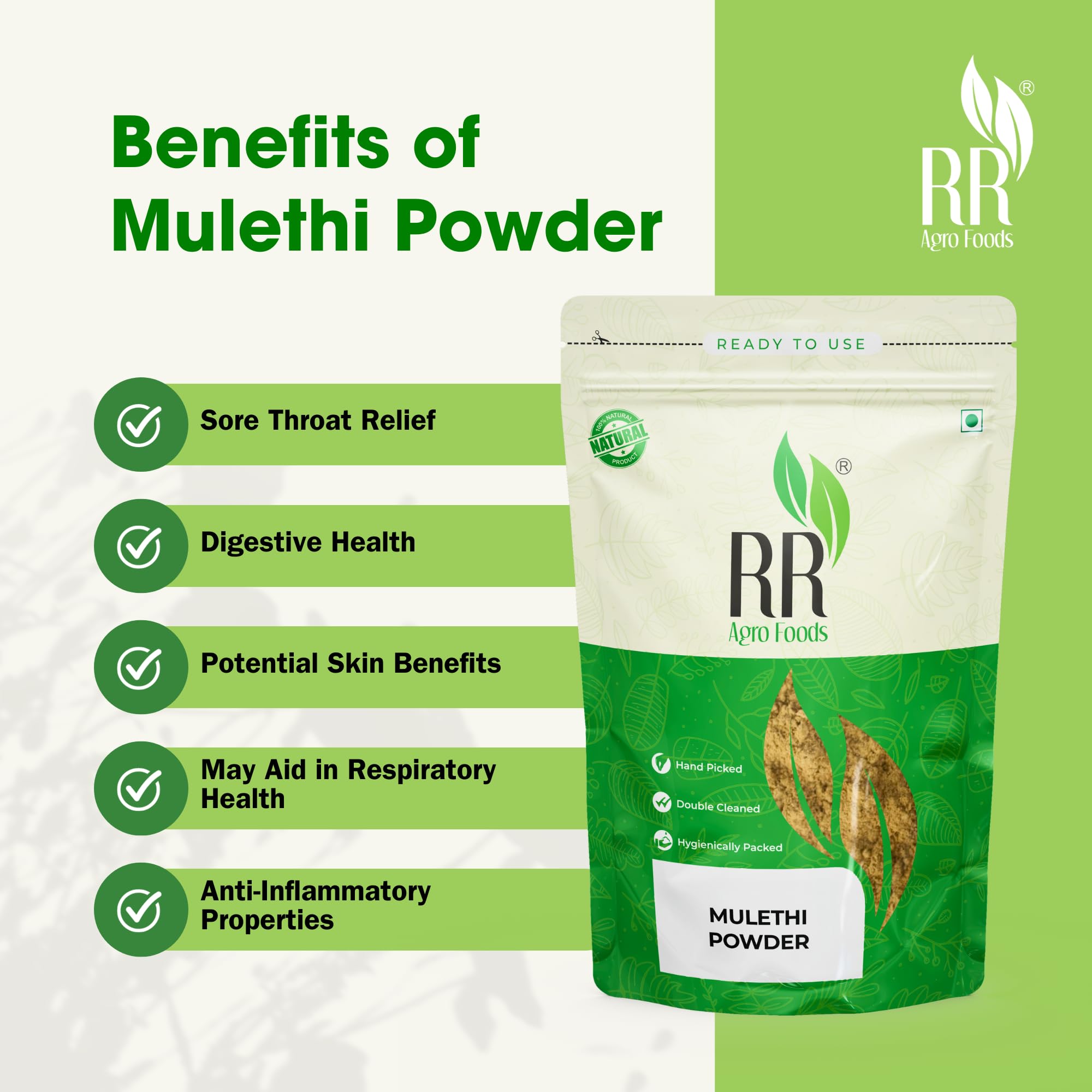 RR AGRO FOODS Natural Pure Mulethi Powder (Licorice Root) - 200g | Glycyrrhiza Glabra for Hair Growth & Skin Care | Ayurvedic Herbal Remedy for Dandruff, Acne & Glowing Skin | Perfect for DIY Face Masks & Hair Treatments