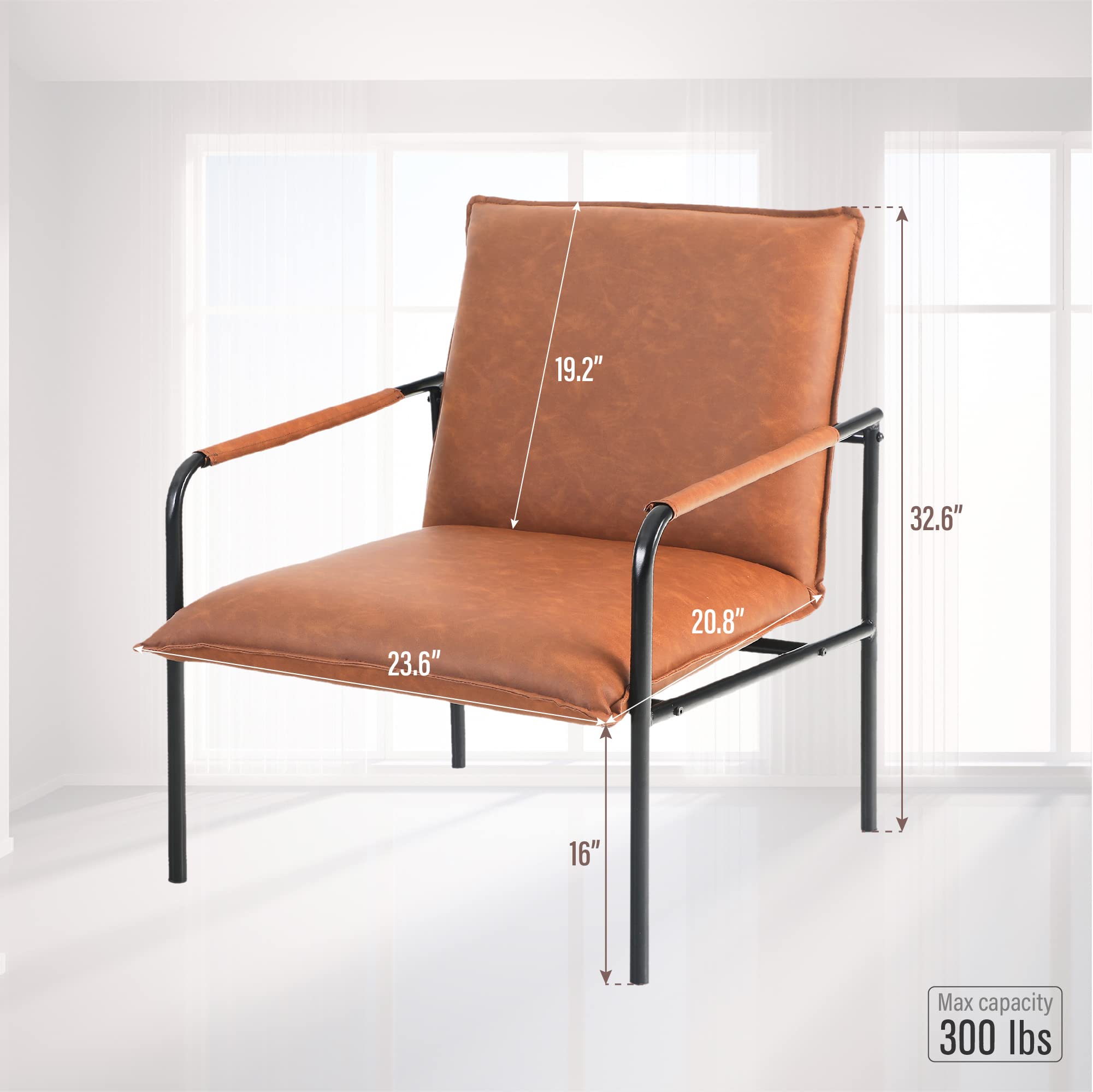 MAISON ARTS Mid Century Modern Faux Leather Accent Lounge Chair - Retro Steel Frame Armchair for Living Room, Bedroom & Office - 350LBS Weight Capacity - Pale Brown - Perfect for Small Spaces, Reading Nooks & Cozy Home Decor