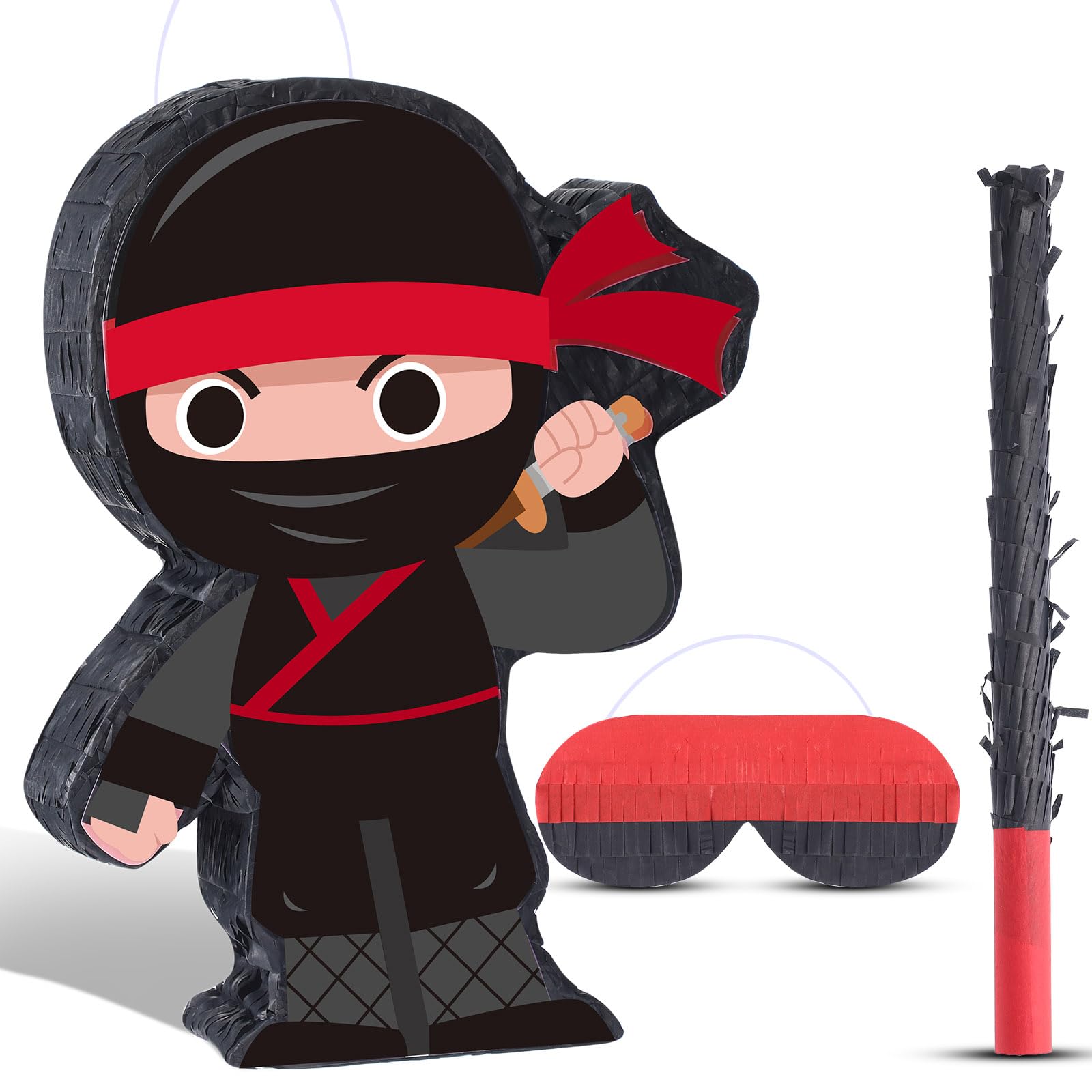Ninja Piñata Mini Set with Blindfold, Bat & Filler - Fun Birthday Party Game for Kids, Boys, Girls & Adults - Perfect for Warrior Themed Parties, Halloween Celebrations & Festive Events