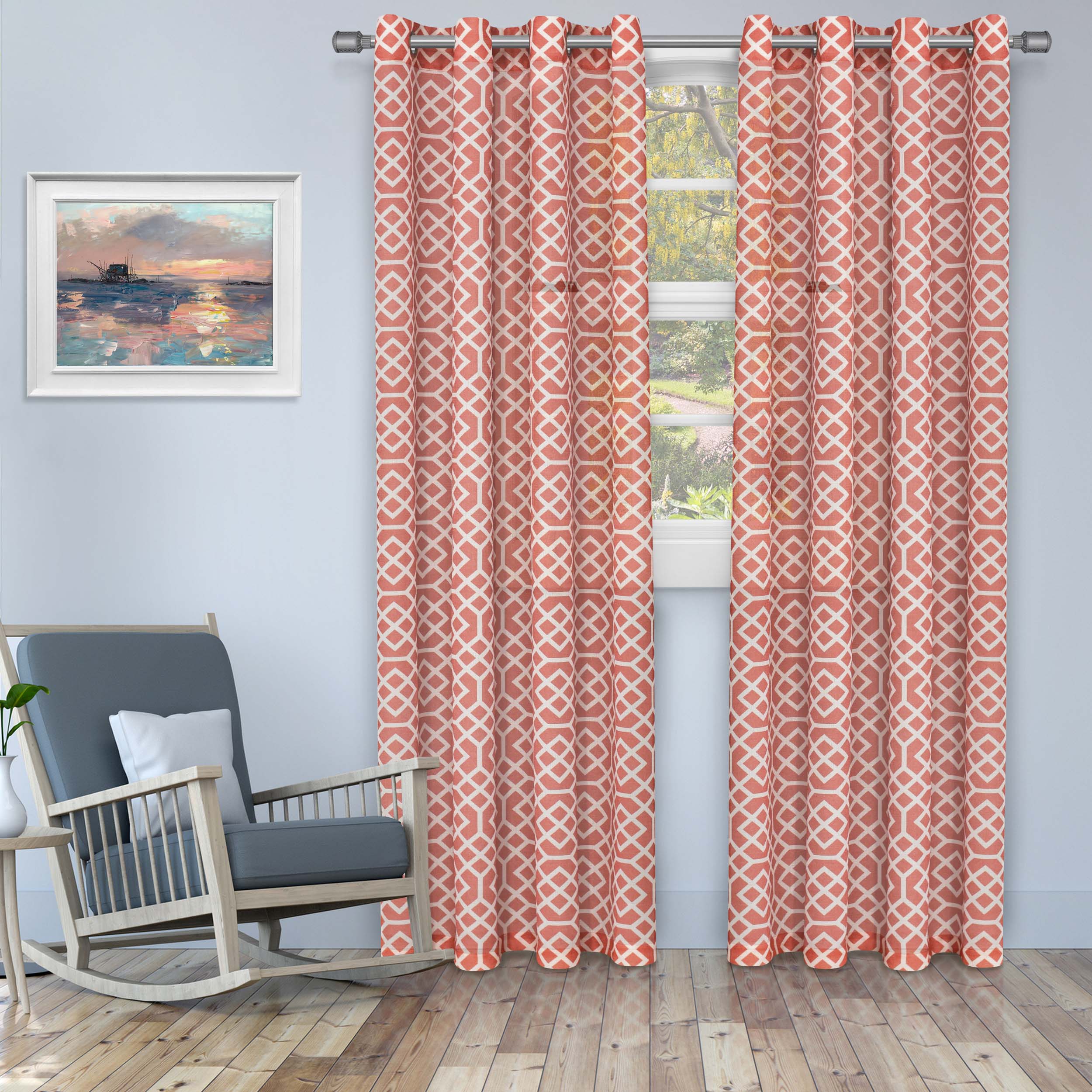 Printed Honey Comb Sheer Curtain Panel Set with Grommet Top Header - Light Filtering Window Treatment for Living Room & Bedroom