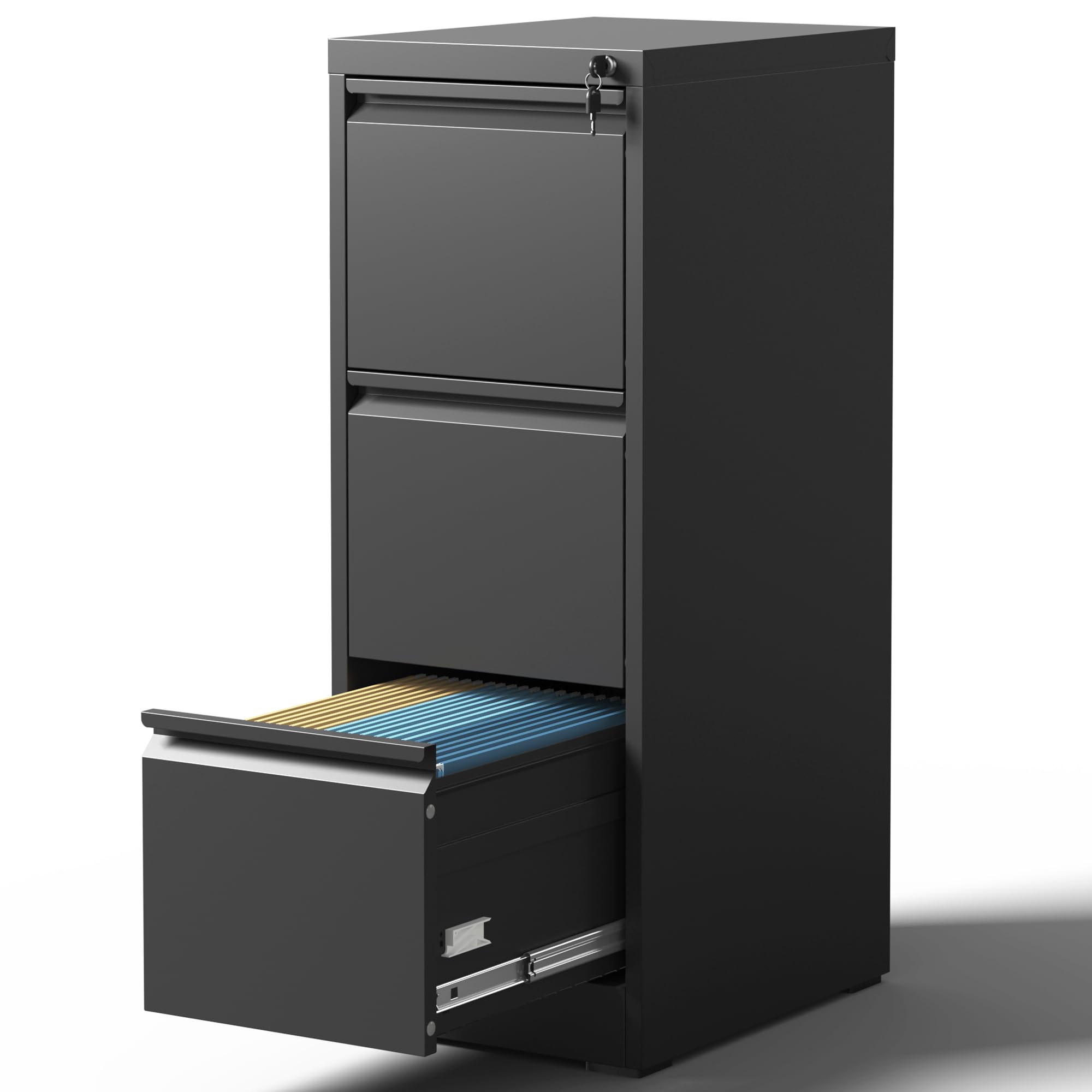 3-Drawer Locking File Cabinet - Black Metal Vertical Filing Cabinet for Home & Office, Steel Storage Organizer for Hanging Legal/Letter Size Documents - Perfect for Office Organization & Document Security (Assembly Required)