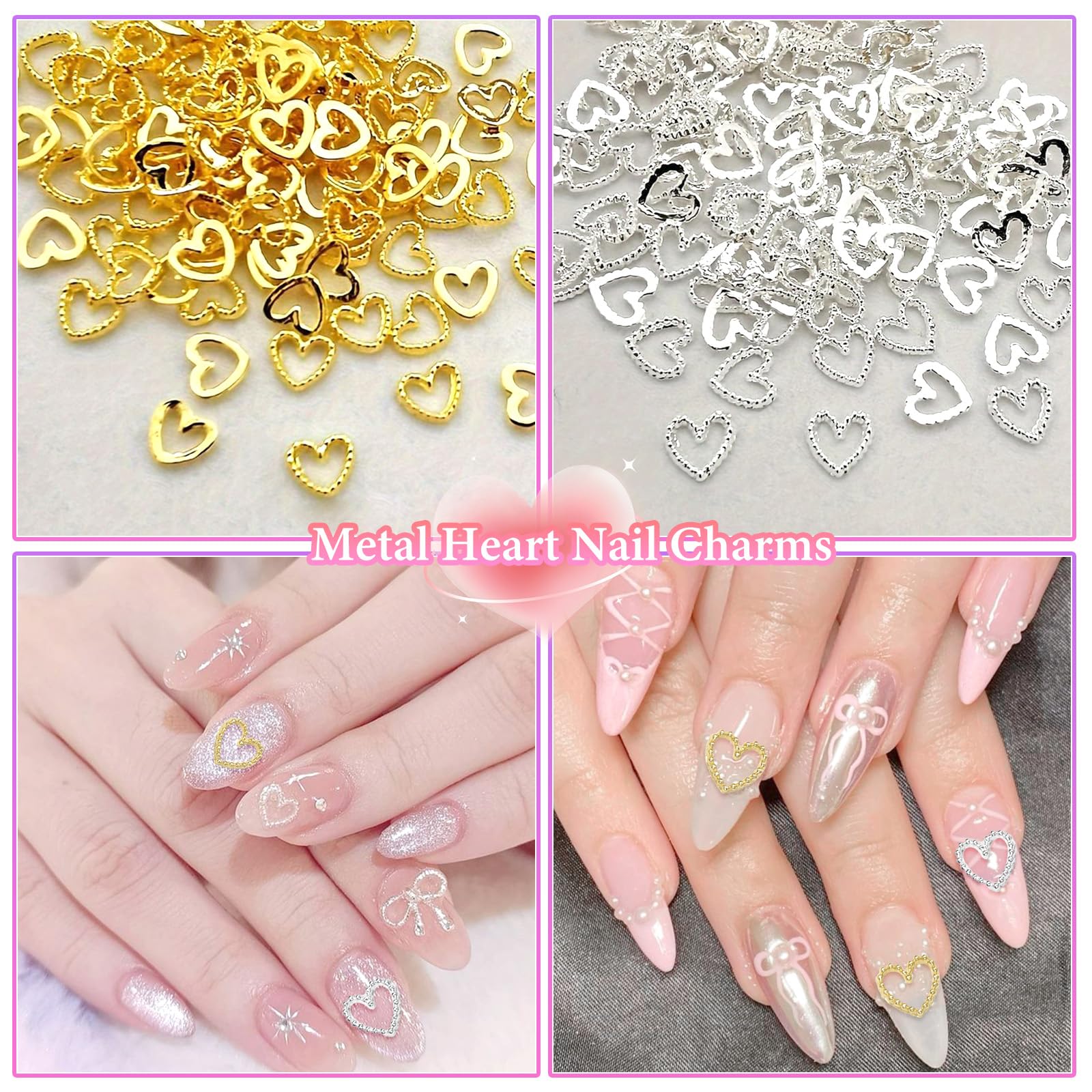 80Pcs Gold & Silver Heart Nail Art Charms - Romantic 3D Alloy Heart Nail Decorations for Women | DIY Nail Art Designs, Wedding & Valentine's Day Nail Accessories