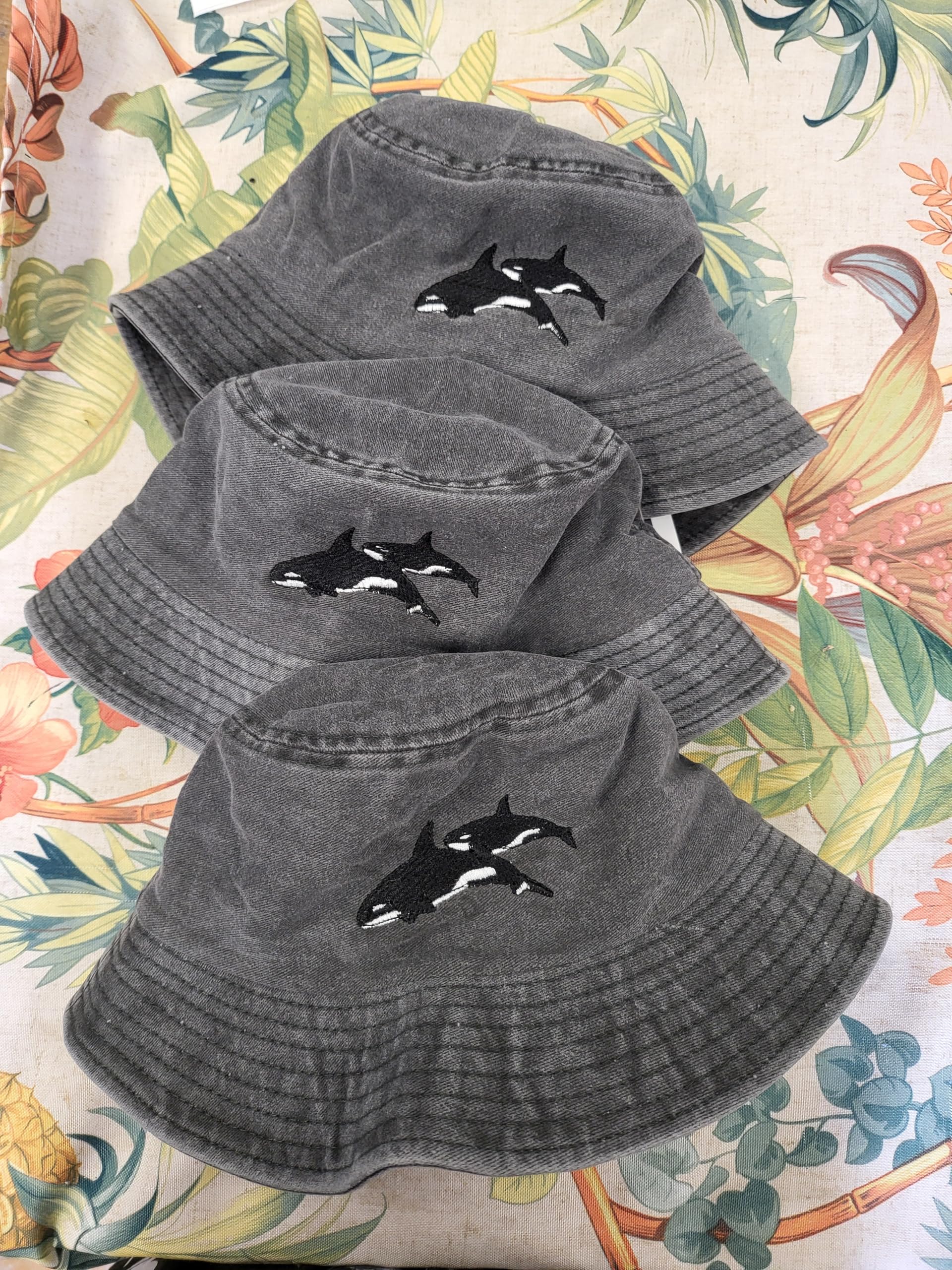 Orca Killer Whale Embroidered Cotton Bucket Hat - Washed & Pigment Dyed Black Summer Camping Hat - Perfect Gift for Animal Lovers & Outdoor Adventures