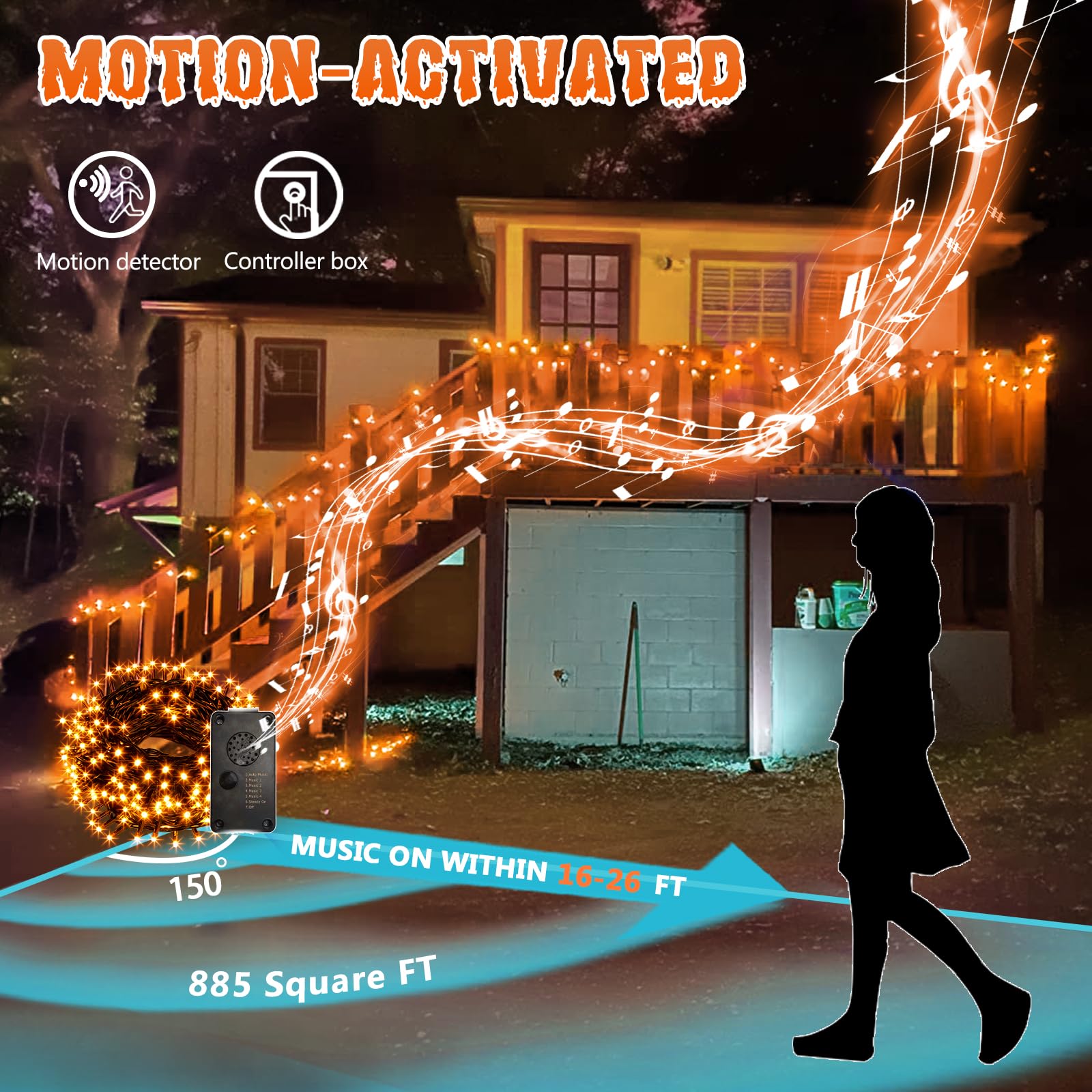 Vanthylit 82FT 200 LED Halloween String Lights with Music - Waterproof Orange Outdoor Lights with Motion Sensor - Perfect for Halloween Yard Decorations, Party Lighting, and Spooky Porch Displays