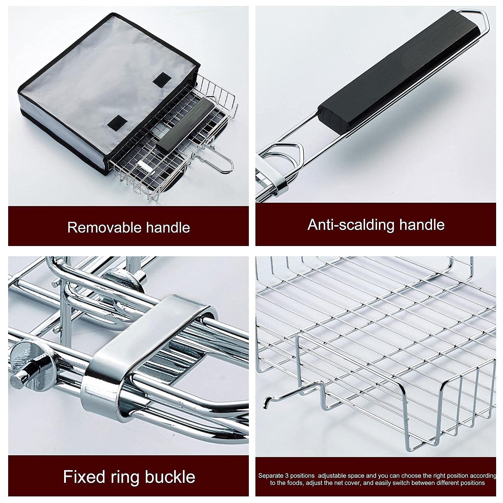 Stainless Steel BBQ Grill Basket - Large 3-Notch Fish Grilling Basket with Anti-Scalding Handle, Portable & Removable with Carry Bag - Perfect for Outdoor Camping, Picnics, and Backyard Barbecues