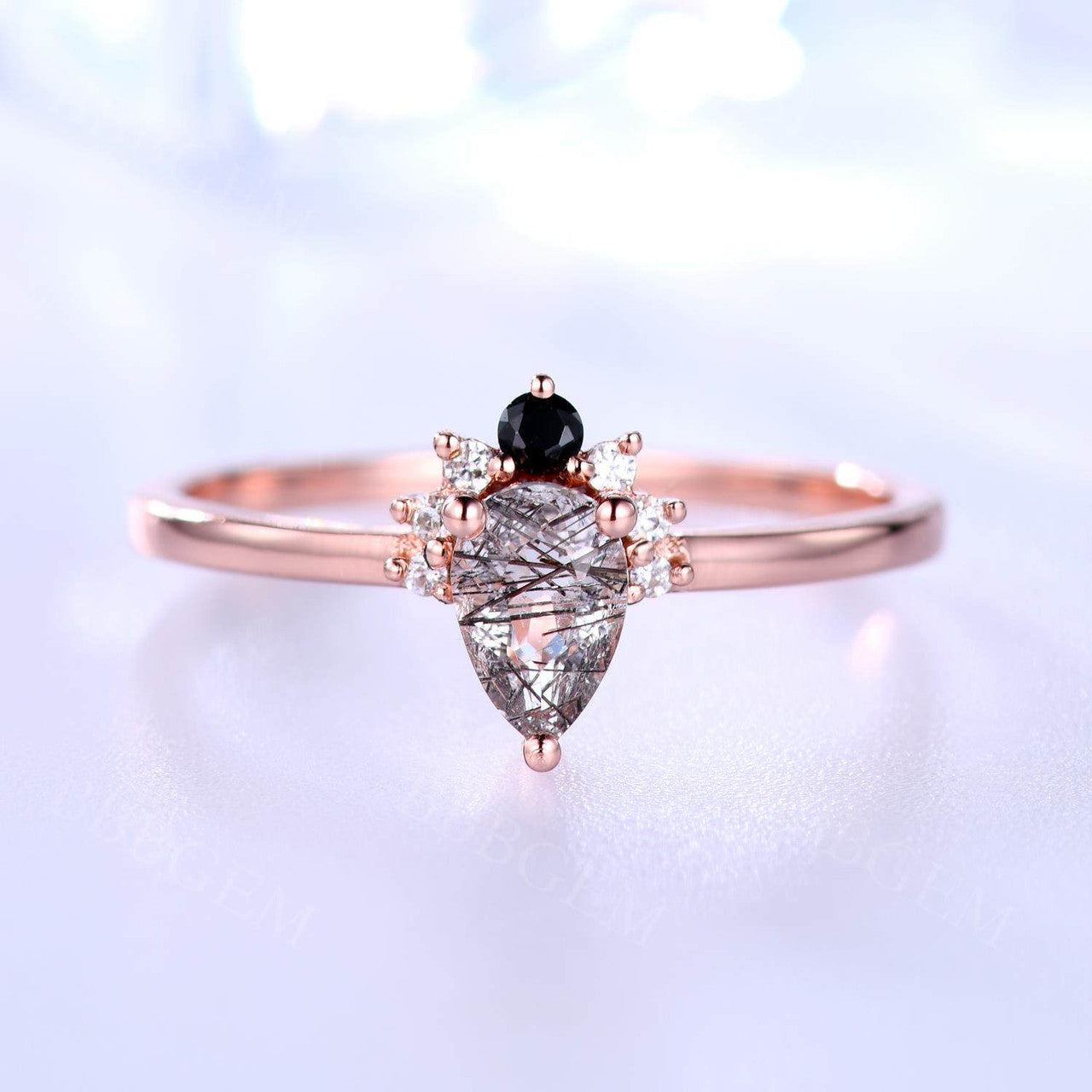 14K/18K Gold Black Rutilated Quartz Diamond Engagement Ring for Women - Elegant Wedding Band, Promise Ring, Anniversary Gift for Her