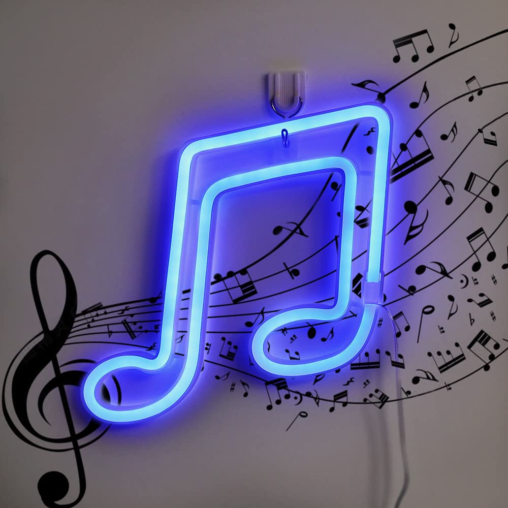 GUOCHENG Music Note LED Neon Sign - Battery & USB Powered Wall Hanging Light - Stave Shaped Night Lamp for Bedroom, Living Room, Bar, Party Decor - Cool Blue Neon Glow (Perfect for Music Lovers' Room, Game Room, and Themed Parties)