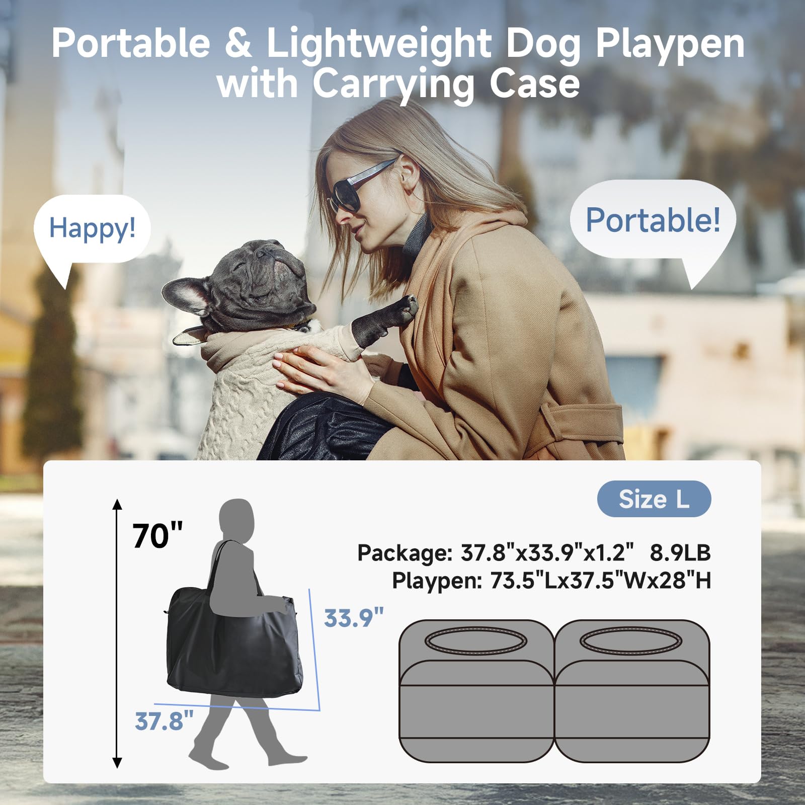 2-in-1 Dog & Cat Playpen - 73'' Large Pop Up Pet Playpen for Indoor/Outdoor Use - Portable Puppy Kennel, Cat Tent & Small Animal Cage (73.5