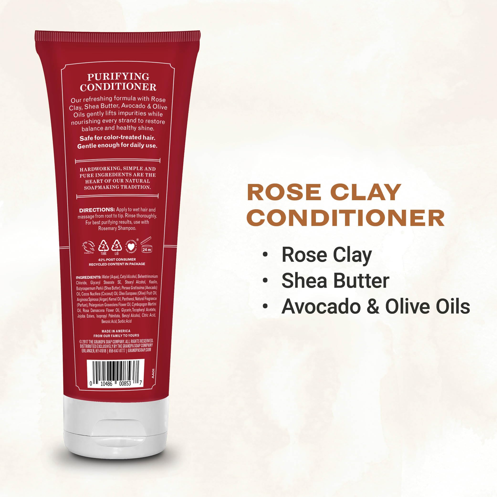Grandpa's The Soap Company Purifying Rose Clay Hair Conditioner - Deep Cleansing & Nourishing Treatment with Rose Clay, Shea Butter & Avocado Oil | Vegan, Sulfate & Paraben Free | 8 Fl Oz | Perfect for Detoxifying & Revitalizing Dry, Damaged Hair