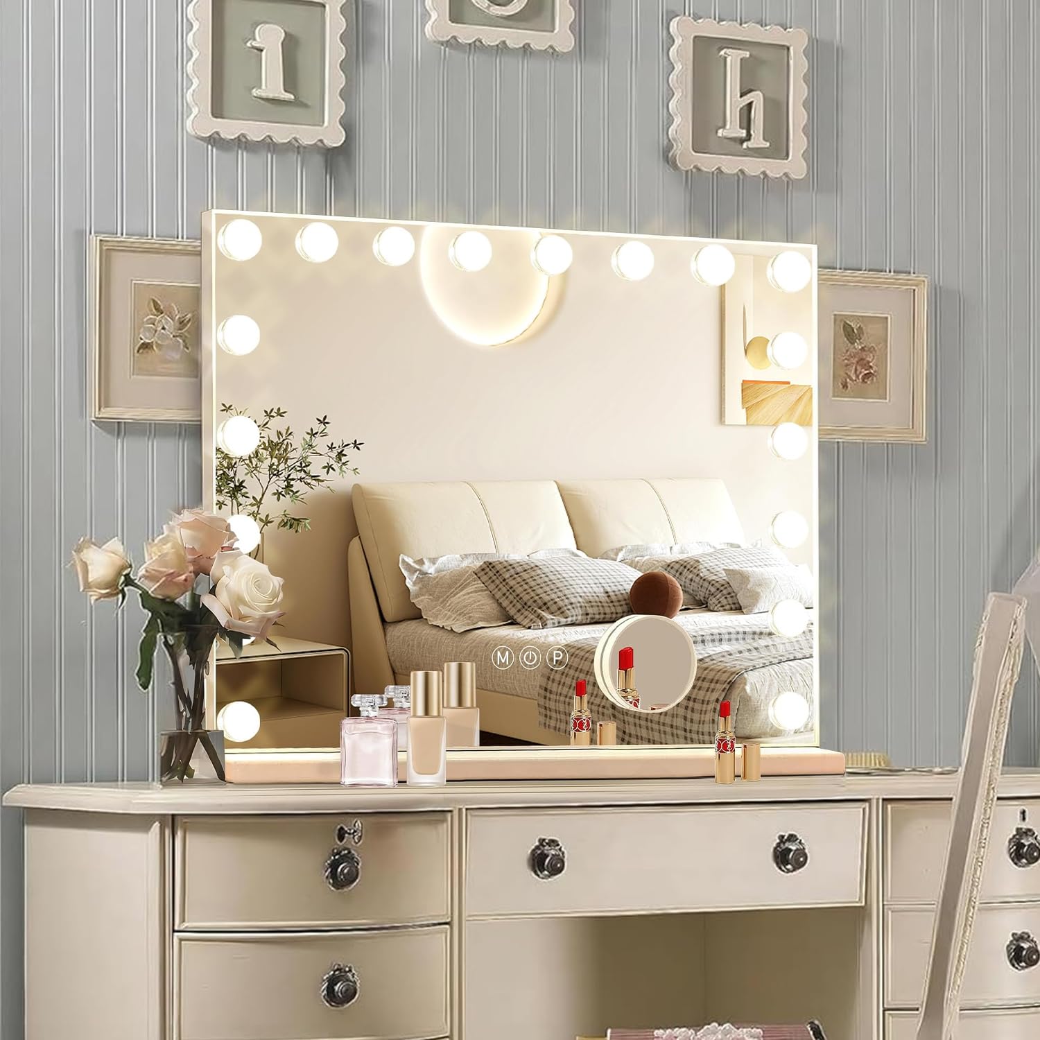 Hollywood Vanity Mirror with 18 LED Lights - 3 Color Adjustable Makeup Mirror with USB Charging Port, Aluminum Metal Frame (32