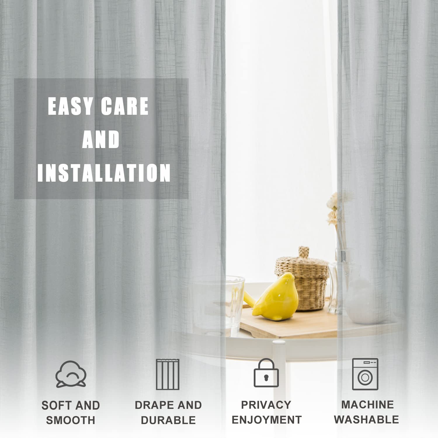 DWCN Grey Sheer Curtains - Faux Linen Textured Rod Pocket Window Panels (Set of 2, 52x45 Inches) for Living Room, Bedroom & Office - Light Filtering Semi Voile Drapes for Privacy & Natural Light