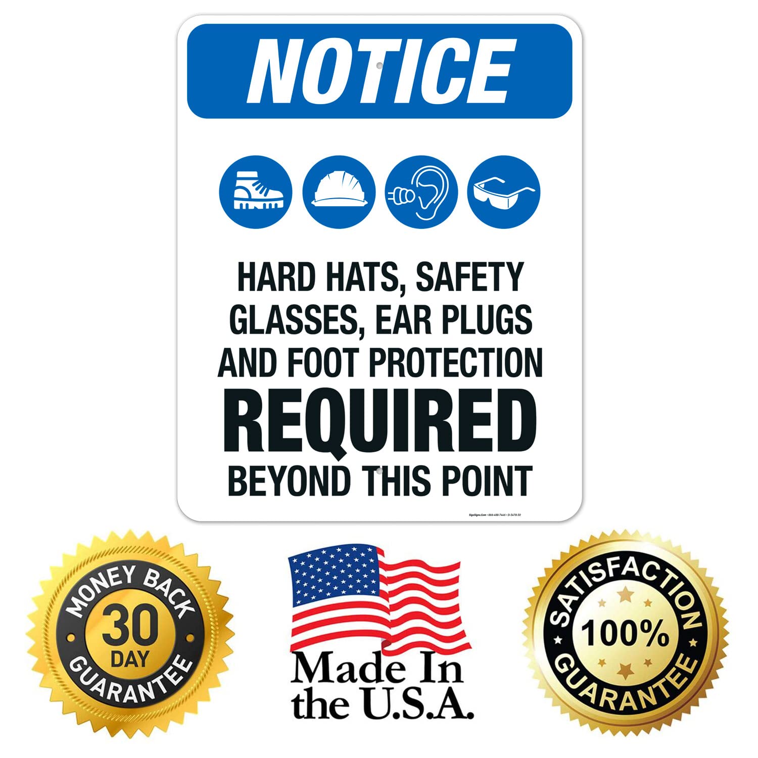 OSHA Compliant Safety Signs - Sigo Signs 'Hear Hats Safety Glasses Ear Plugs Foot Protection Required' 24x30 Inch Aluminum Sign | Rust-Free .063 Aluminum, Fade Resistant for Indoor/Outdoor Use | Made in USA | Perfect for Construction Sites, Factories & Workplaces