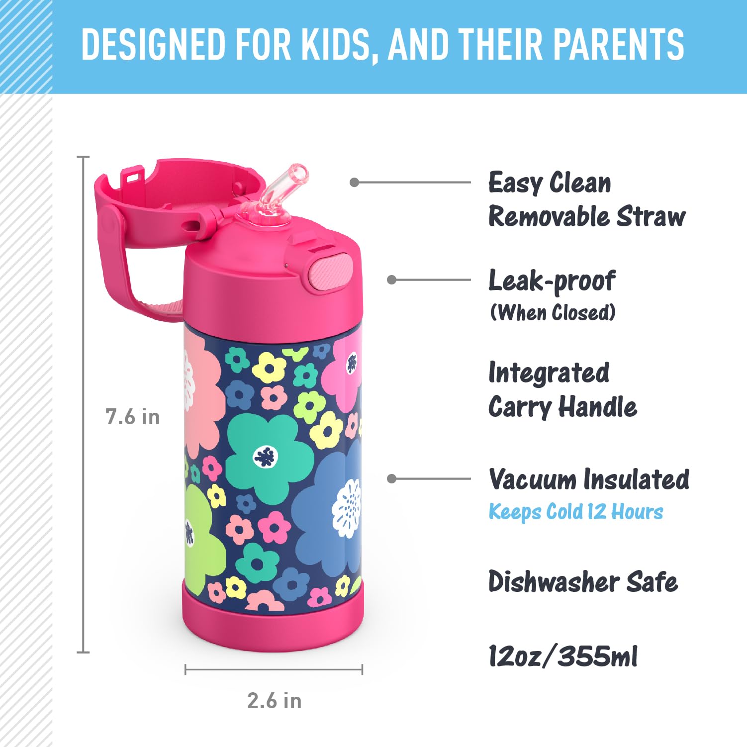 Thermos Funtainer 12oz Kids Stainless Steel Water Bottle with Straw & Lid - Vacuum Insulated, Leak Proof, BPA Free - Mod Flowers Design for School, Sports & Outdoor Activities