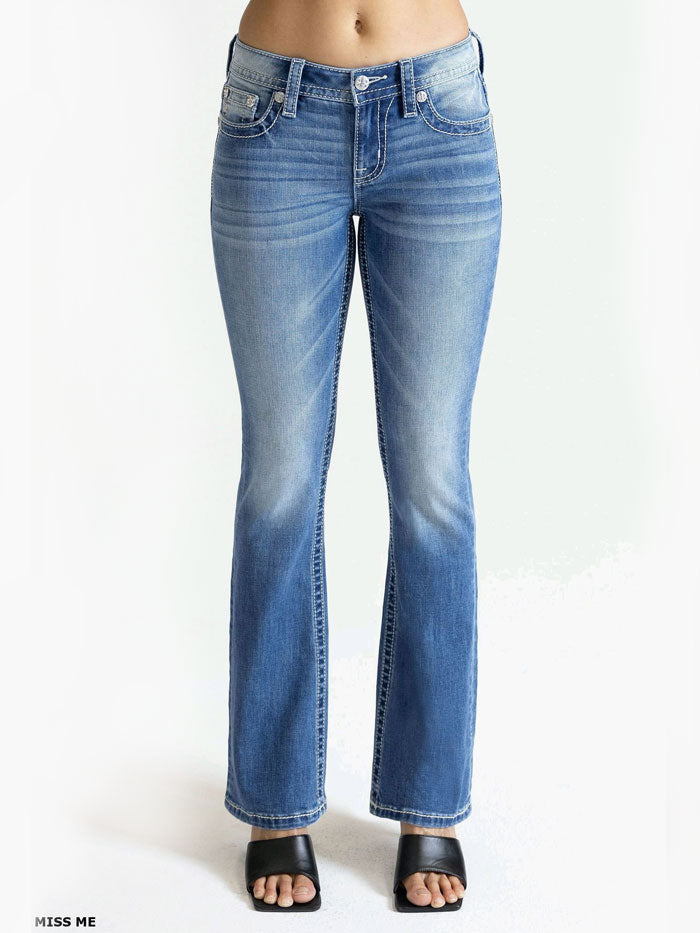 Miss Me M9358BV Women's Cross Mid Rise Bootcut Jeans in Medium Blue - Perfect for Casual Outings, Work & Everyday Wear