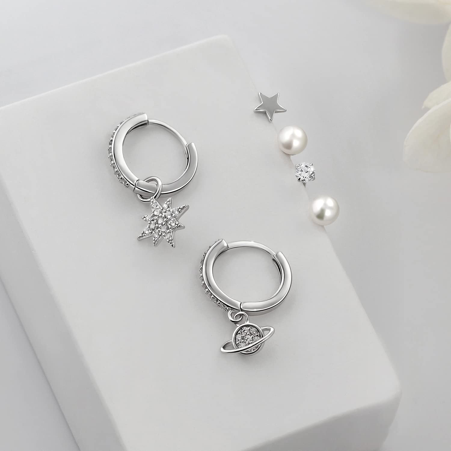 Small Hoop Dangle Drop Earrings for Women - Rose Gold Star & Planet Stud Earrings Set with Diamond & Pearl Accents | Perfect for Multiple Piercings, Everyday Wear & Special Occasions