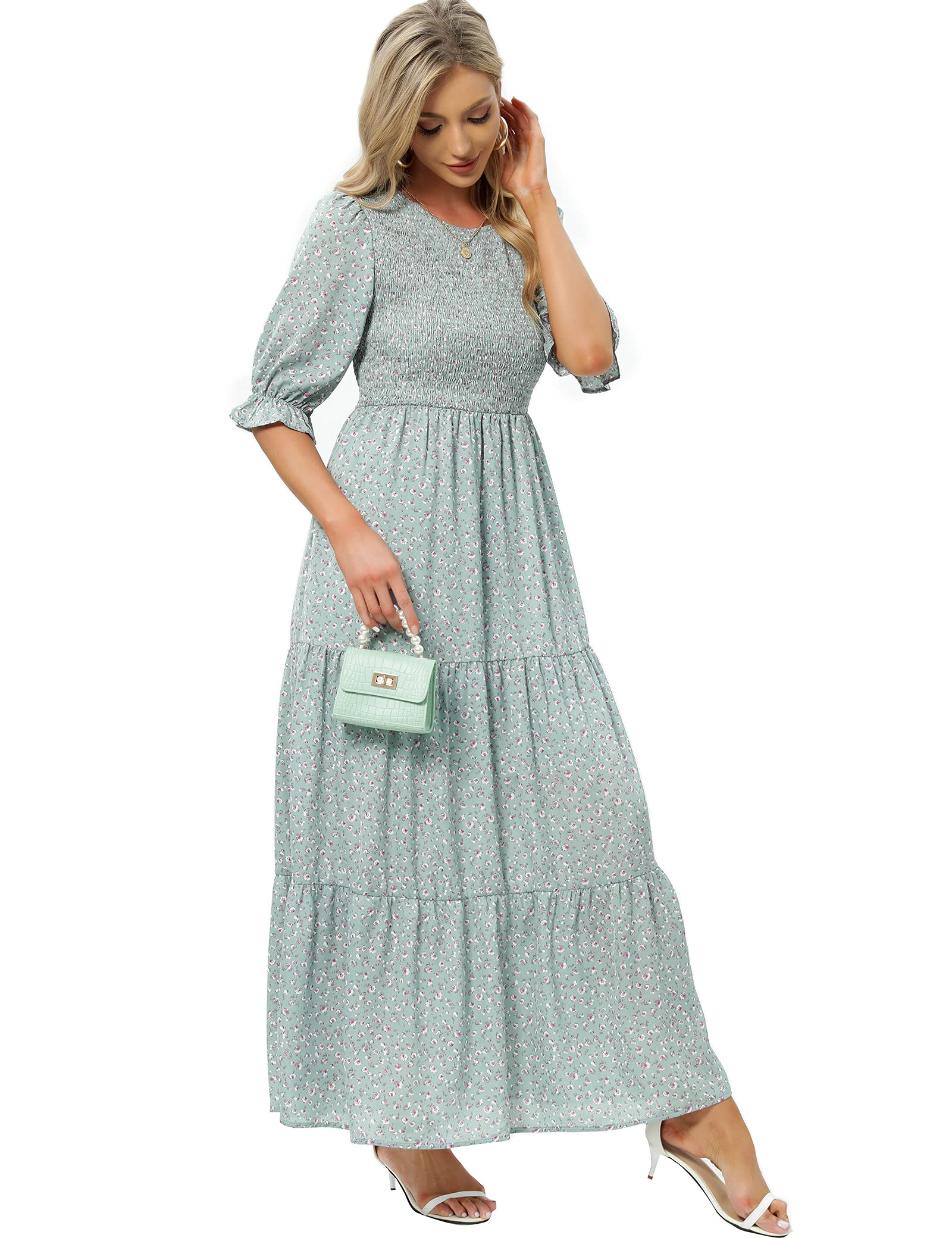 Women's Summer Casual Half Sleeve Bohemian Floral Tiered Maxi Dress - Beach Cover Up, Vacation Outfit, Garden Party Dress