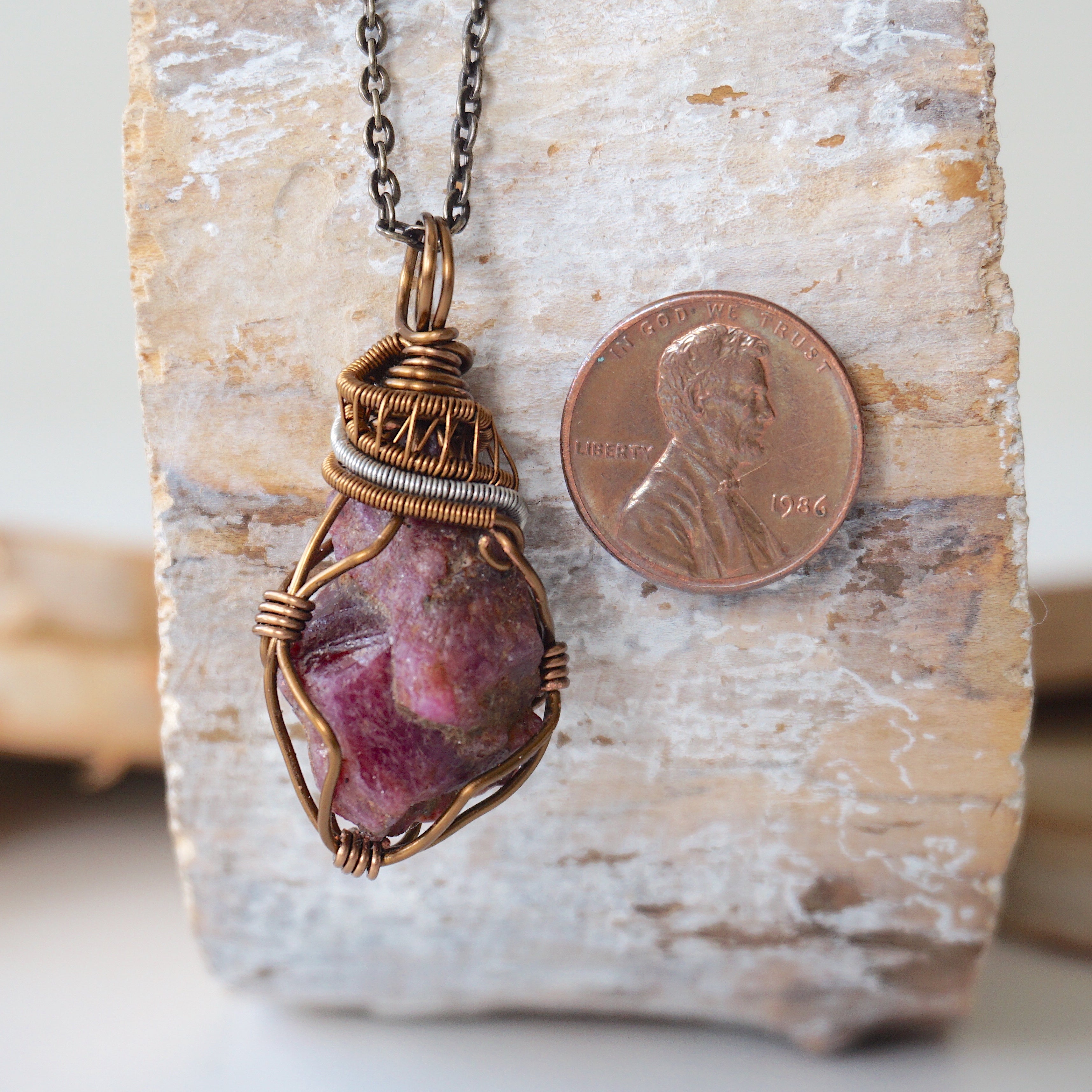 Raw Ruby Necklace in Mixed Wire Antique Bronze - Elegant Bohemian Jewelry for Women, Perfect for Weddings, Parties & Everyday Wear