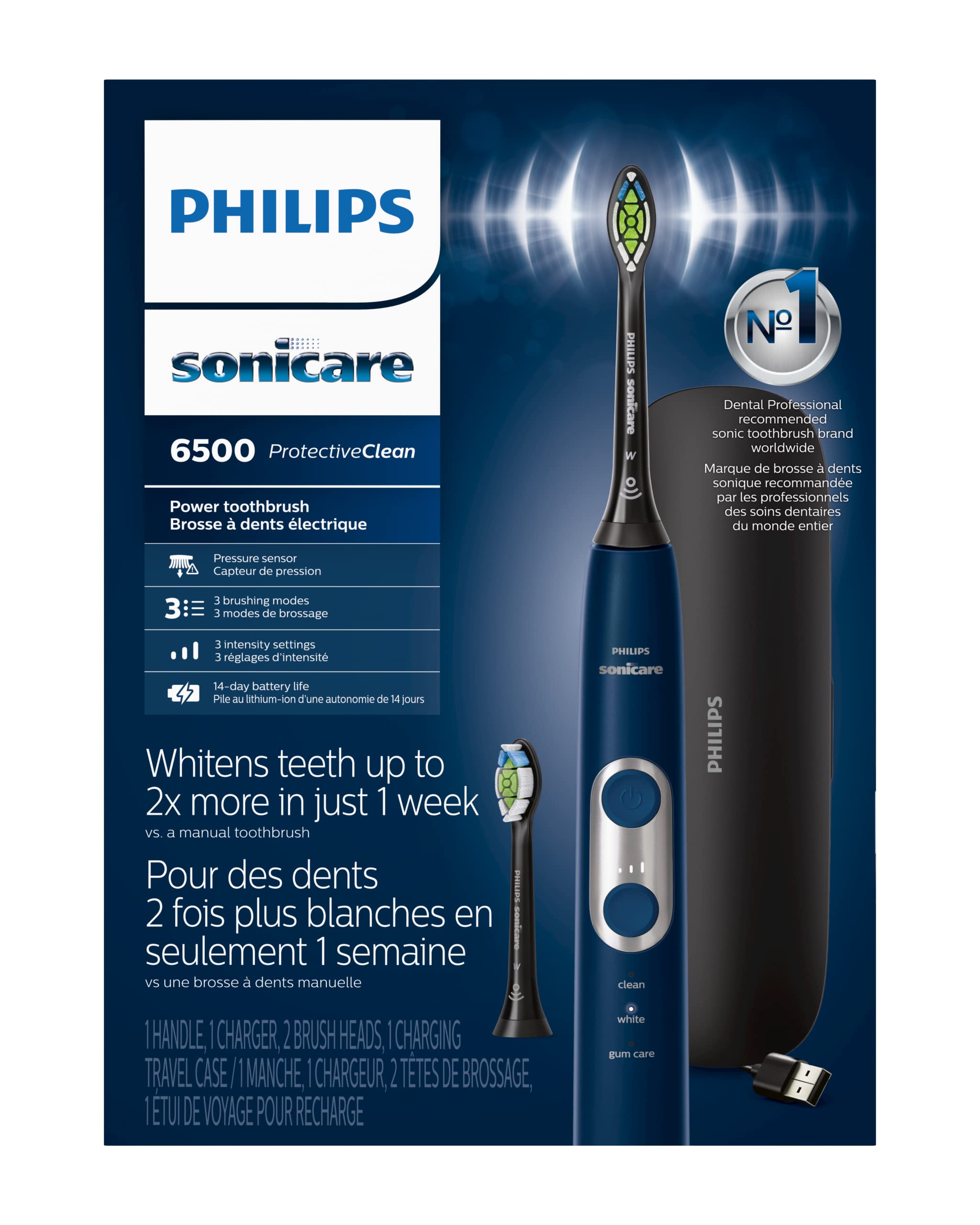 Philips Sonicare ProtectiveClean 6500 Rechargeable Electric Toothbrush with Pressure Sensor - 3 Cleaning Modes, SmartTimer, QuadPacer - 14-Day Battery Life & Travel Case - Navy Blue (HX6462/07) - Perfect for Travel & Daily Oral Care