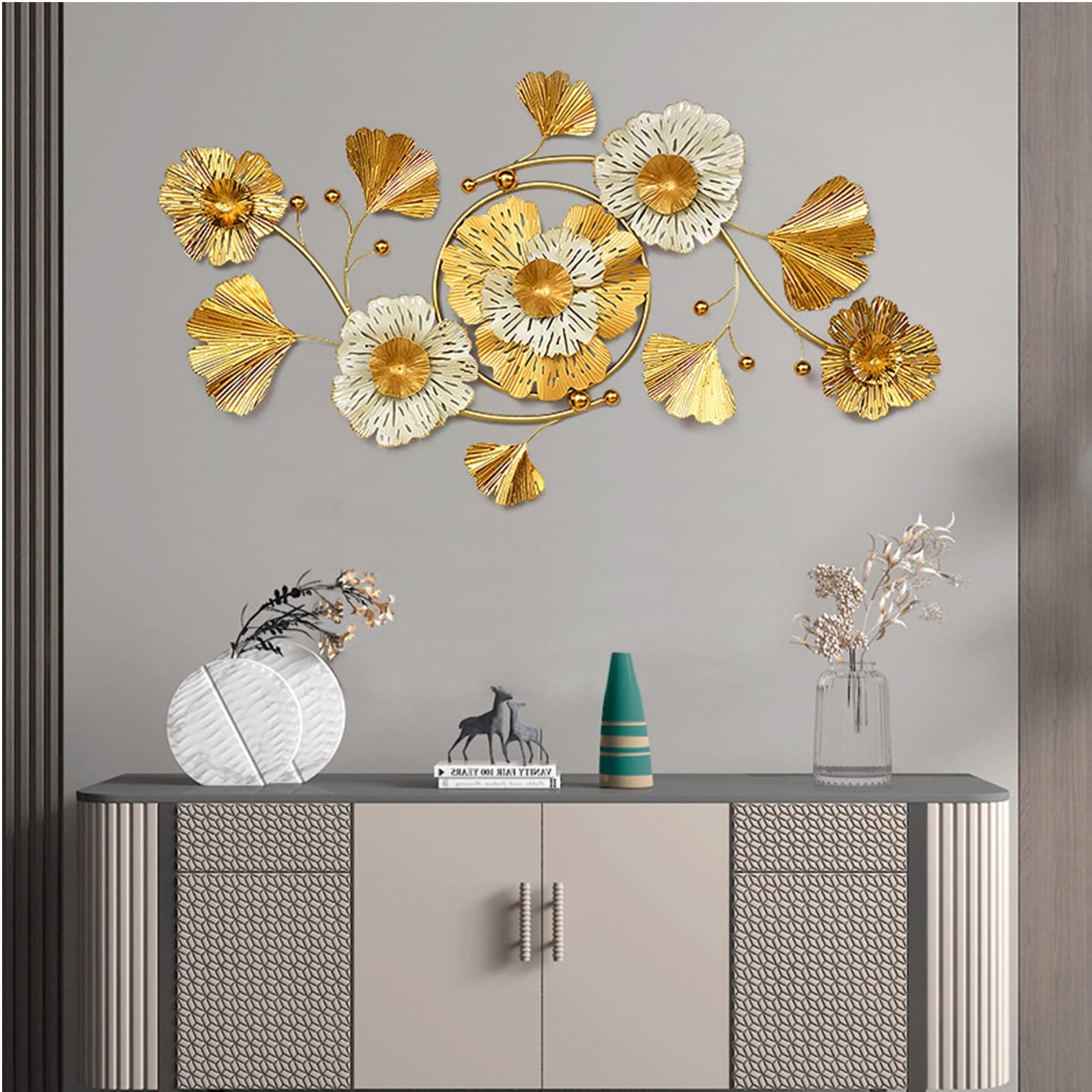 JYCCH Ginkgo Leaf Metal Wall Art - Handcrafted Metal Wall Sculpture for Home, Office, Living Room & Bathroom Decor - 45.6x25.9 Inch Elegant Wall Decoration - Perfect for Bohemian, Farmhouse & Modern Interior Design Styles