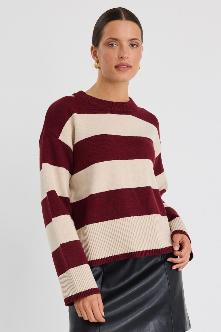 Gravity Burgundy Plum Stripe Crew Neck Knit Jumper | Soft Cotton Sweater for Women | Casual Fall & Winter Fashion | Perfect for Office, Date Night & Weekend Outings