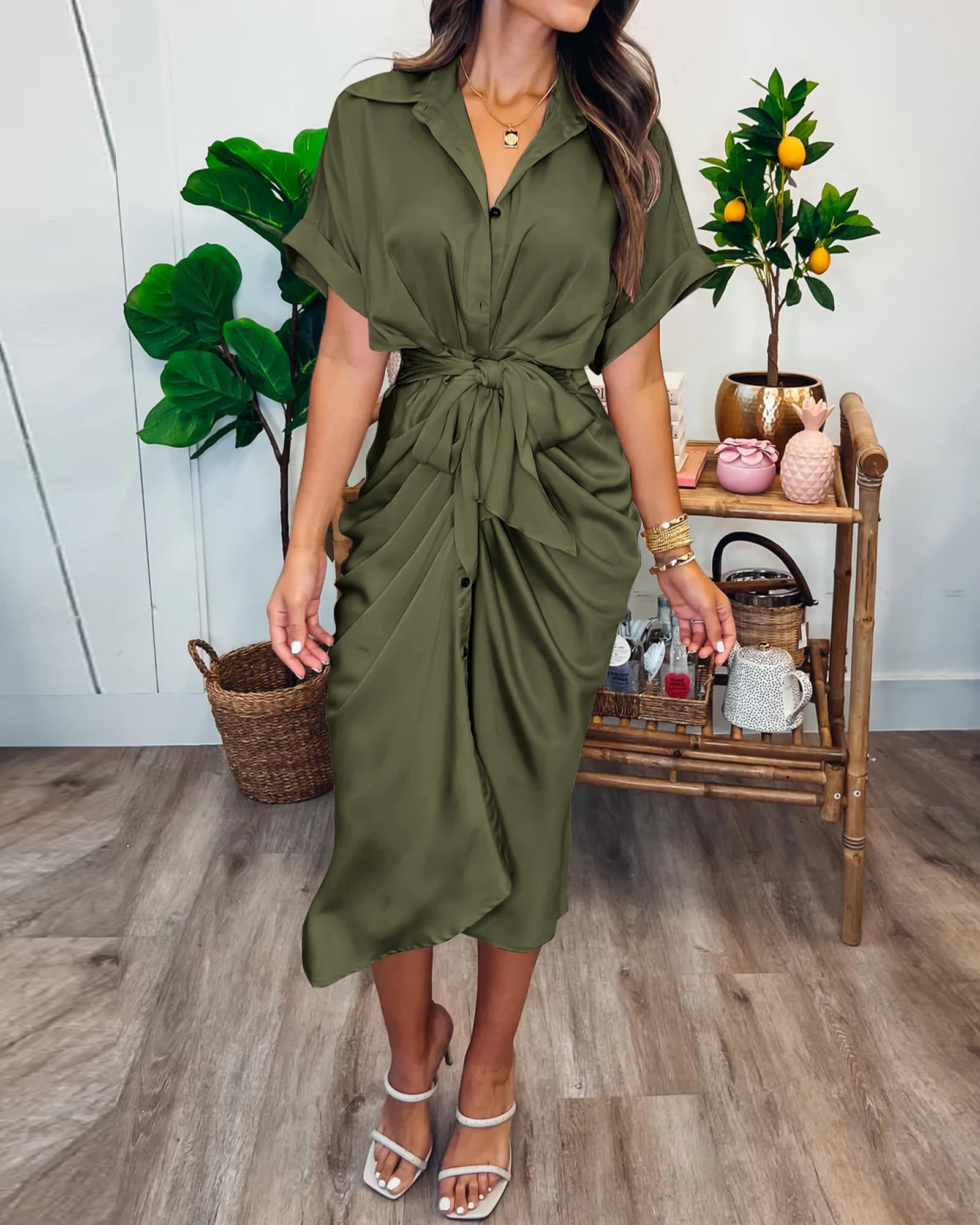 BTFBM Women's 2025 Elegant Ruched Button Down Shirt Dress - Short Sleeve Lapel V-Neck Satin Maxi Dress for Spring Summer | Perfect for Parties, Weddings & Special Occasions