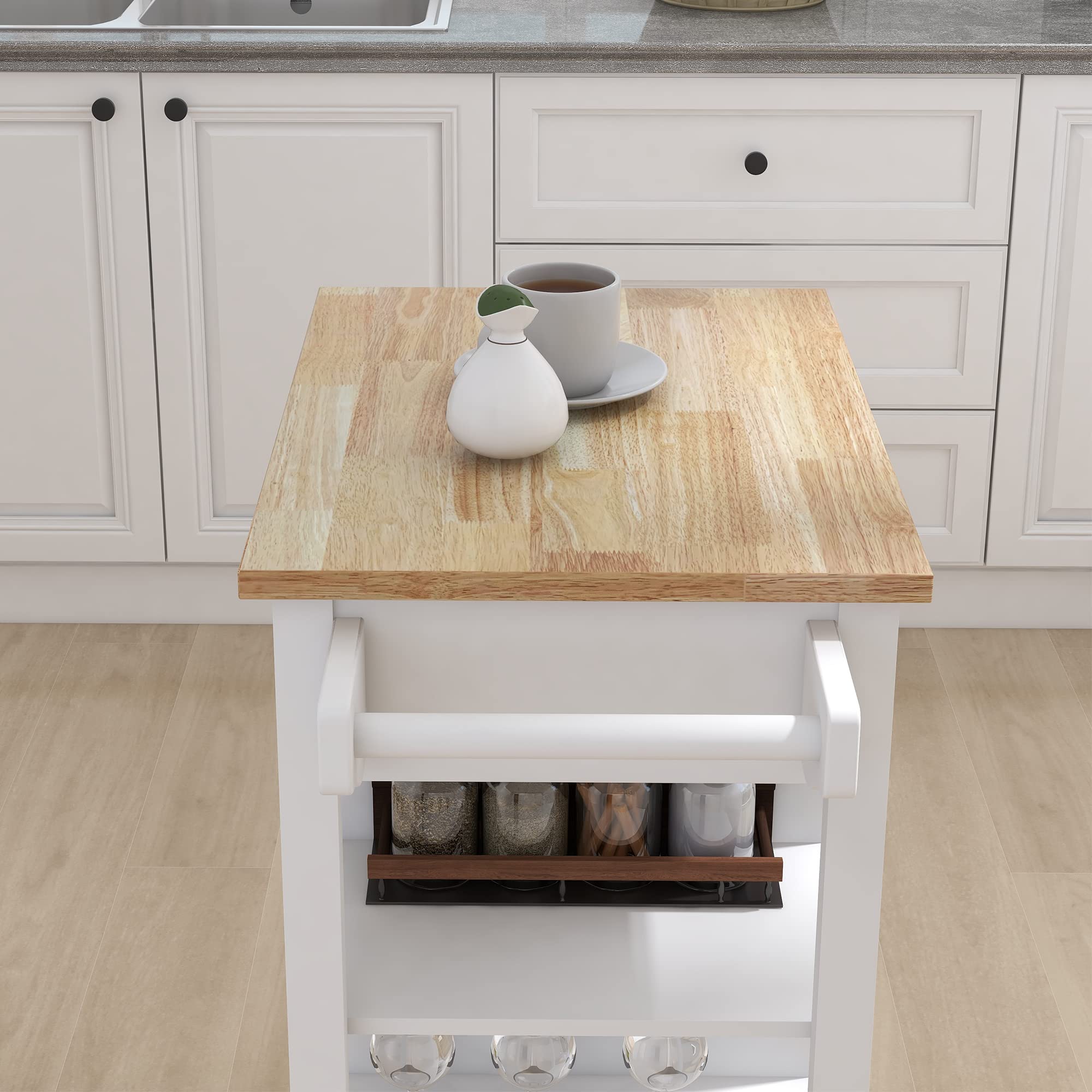 Premium Kitchen Island Rolling Trolley Cart with Towel Rack & Rubber Wood Table Top - Mobile Kitchen Storage Organizer for Small Spaces, Dining Room, or Outdoor Entertaining
