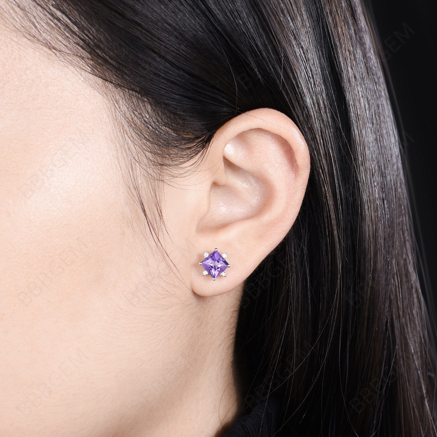Natural Amethyst Stud Earrings - 5 Stone Princess Cut Earrings for Women | Elegant Purple Gemstone Jewelry Gift for Birthday, Anniversary & Special Occasions