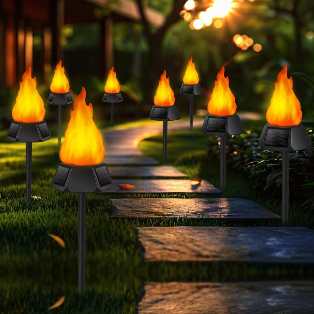 Upgraded Solar Torch Lights with 3 Solar Panels - Flickering Flame Effect, IP65 Waterproof Outdoor Christmas Decorations (8 Pack) for Garden, Pathway, and Holiday Lighting