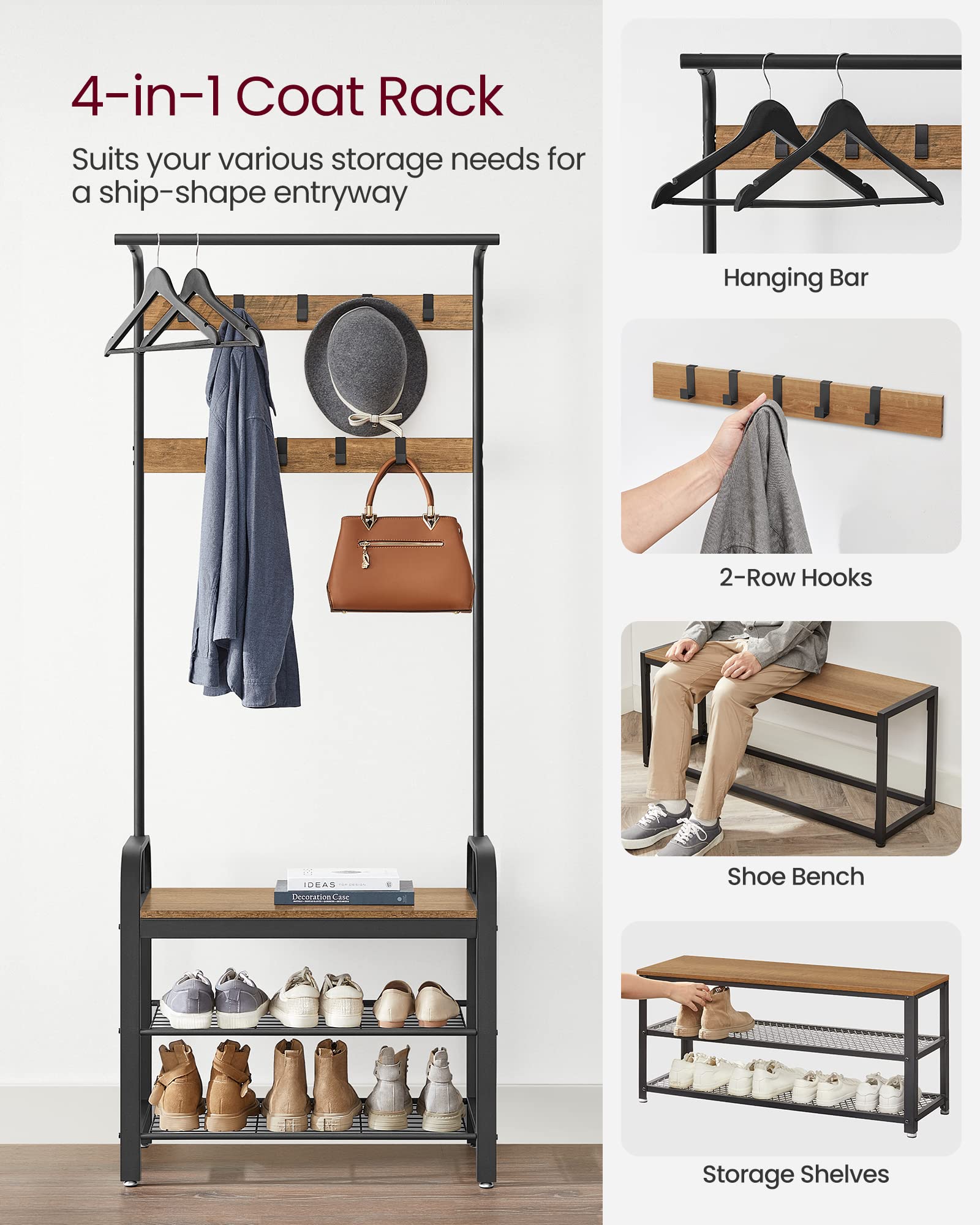 VASAGLE 4-in-1 Entryway Hall Tree with Shoe Bench, Coat Rack & 9 Removable Hooks - Rustic Walnut & Black - 13.3