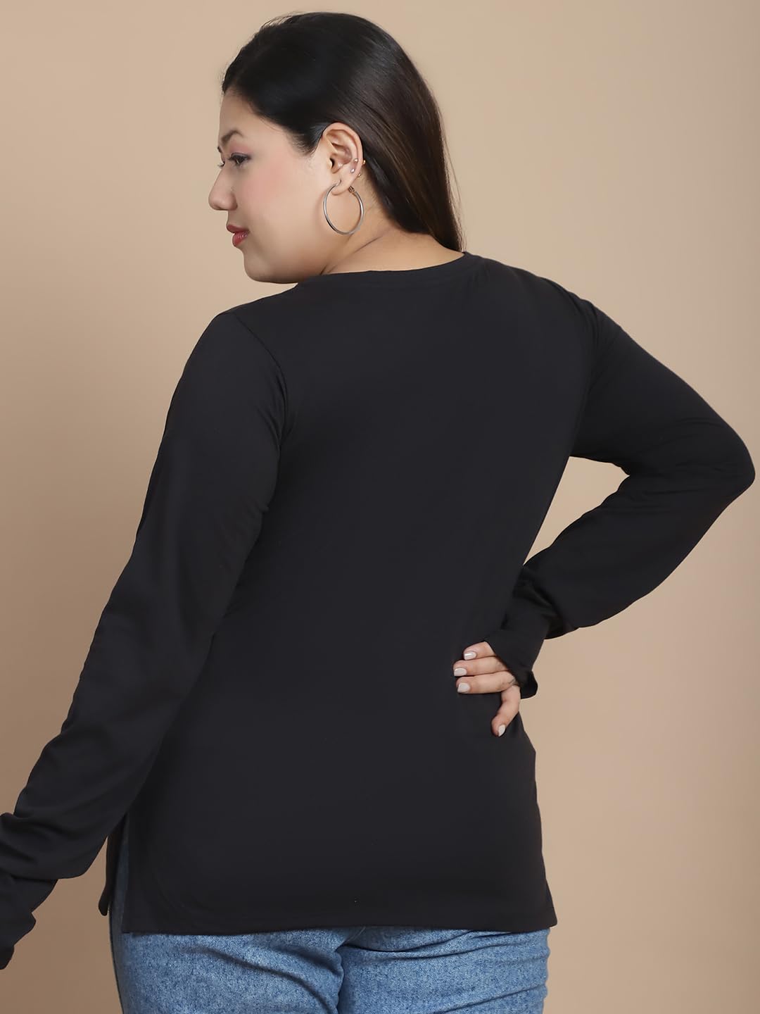 Rigo Women's Plus Size Thumbhole T-Shirt - Slim Fit Round Neck Tee with Side Slits | Western Style Gym & Workout Top | Perfect for Yoga, Running & Casual Wear