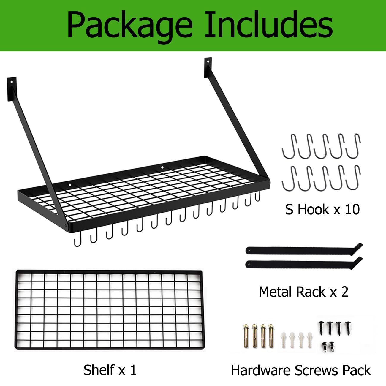 Hoooh Square Grid Wall Mount Pot Rack with 10 Hooks - Black Kitchen Cookware Hanging Organizer (KPR300A-BK) for Pots, Pans & Utensils - Perfect for Small Kitchens & Pantry Organization