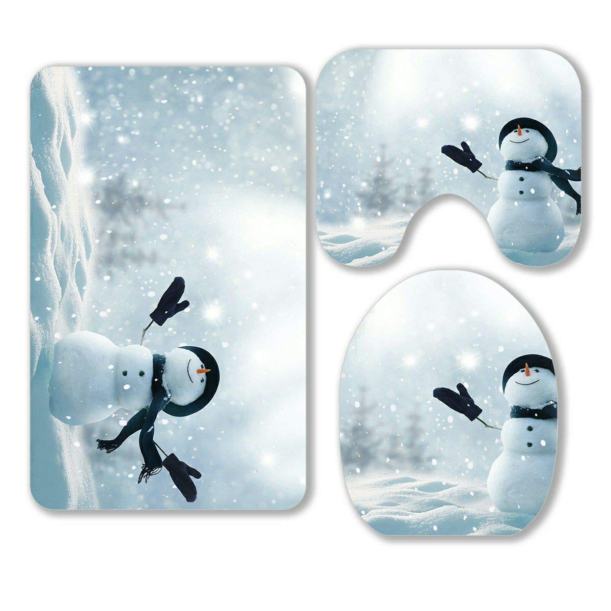 ECZJNT Merry Christmas Snowman Winter Snow 3-Piece Bathroom Rug Set - Non-Slip Bath Mat, Contour Mat & Toilet Lid Cover for Holiday Home Decor (Snow Landscape Design)