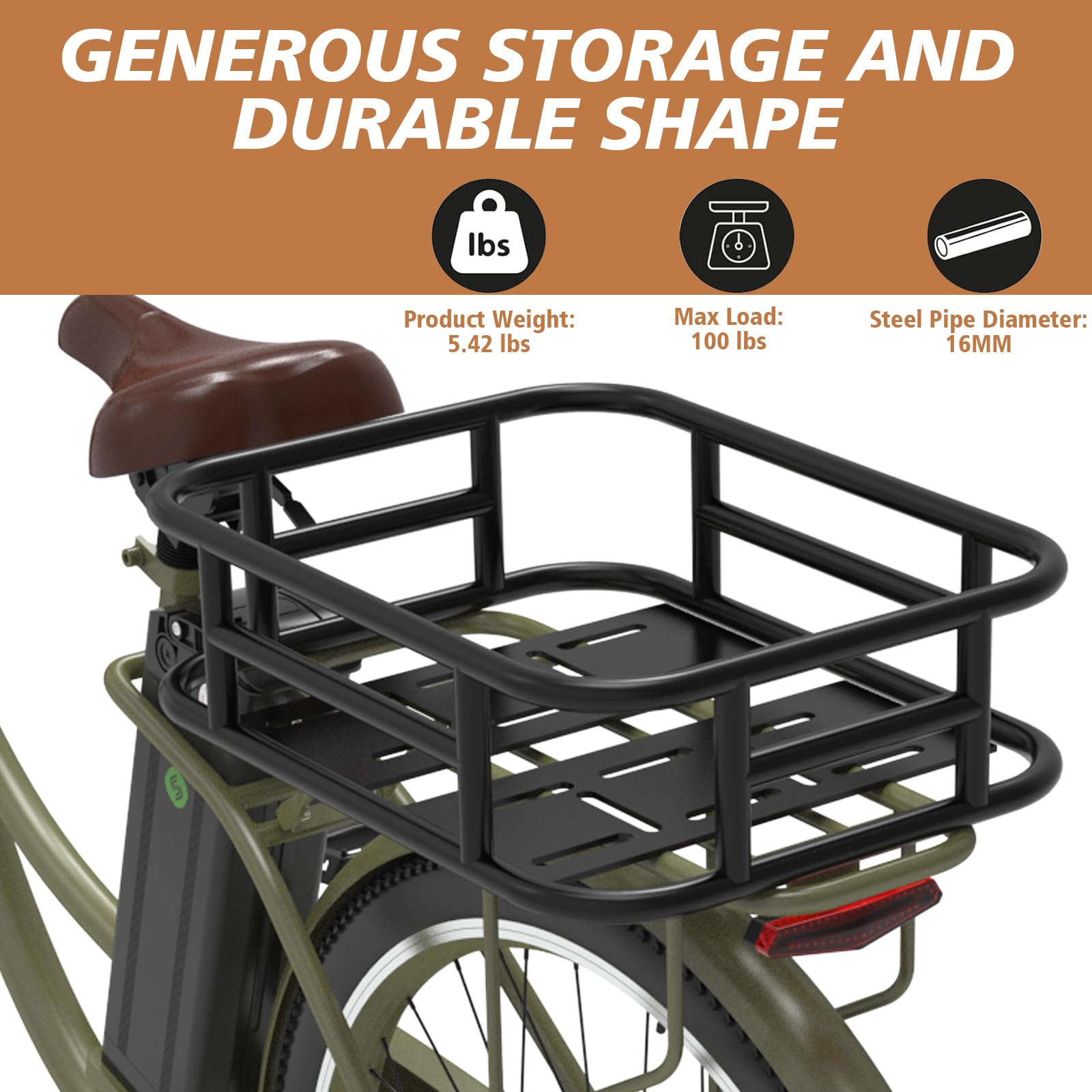 **Heavy Duty Rear Bike Basket with Waterproof Cover & Cargo Net - Large Rear Rack Basket for Bicycles & E-Bikes - Perfect for Commuting, Groceries & Outdoor Adventures**