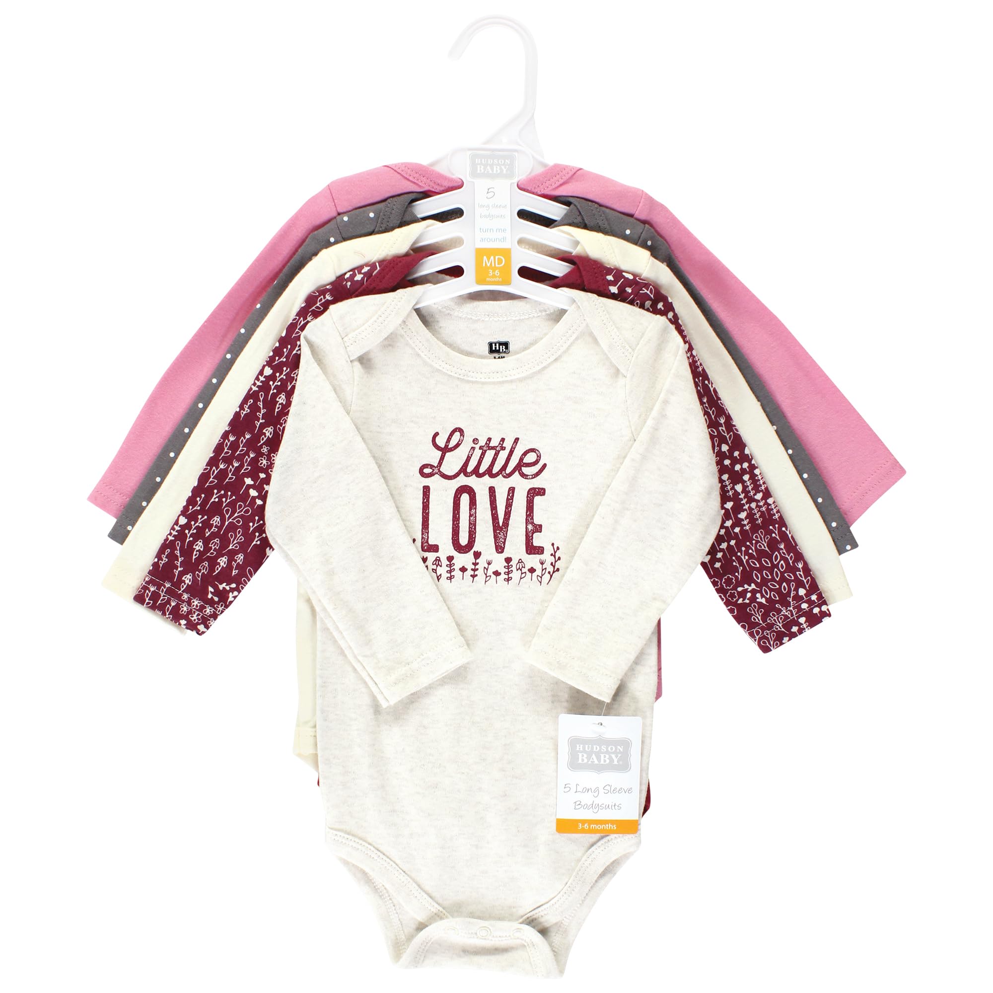 Hudson Baby Unisex Cotton Long-Sleeve Bodysuits - Little Love Flowers 5-Pack (9-12 Months) | Soft & Comfortable Baby Onesies for Daily Wear, Playtime & Photo Shoots