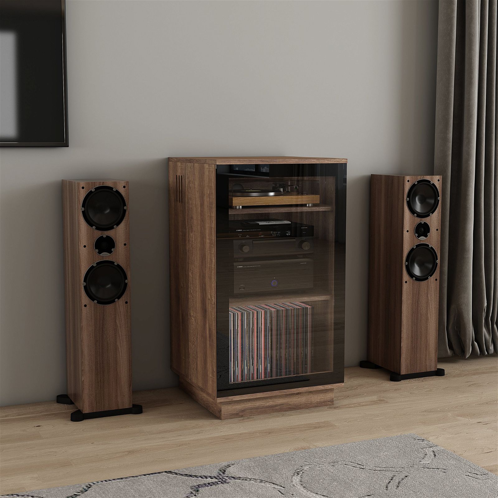 Tauris™ Dark Oak HiFi Storage Cabinet for Turntable & Vinyl Records - Perfect for Home Audio Setup & Vintage Record Collection Display