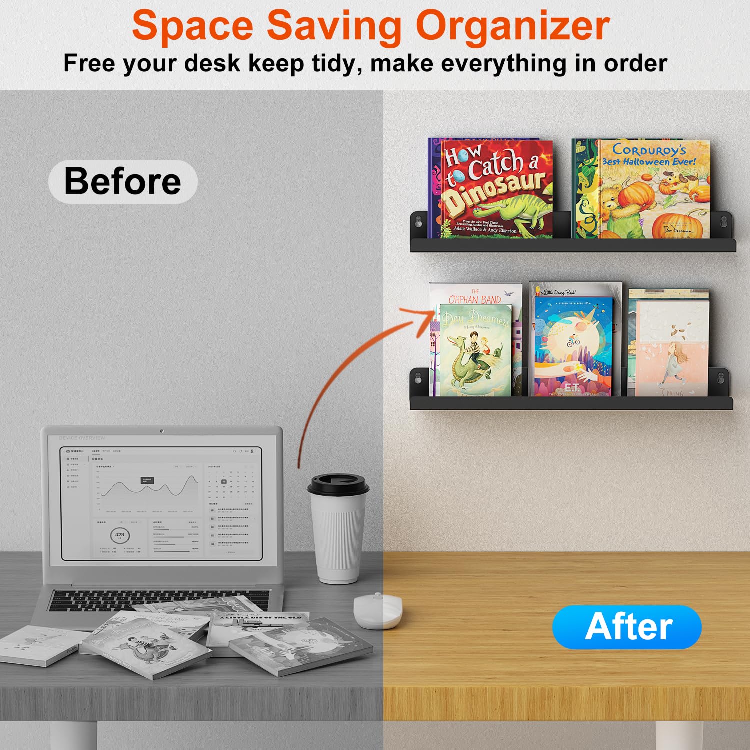 MFTEK Magnetic Book Shelf 2 Pack - Strong Magnetic Book Rack Organizer for Whiteboard & Refrigerator - Wall Mount Floating Shelves for Books & Display - Perfect for Home, Classroom & Office Organization