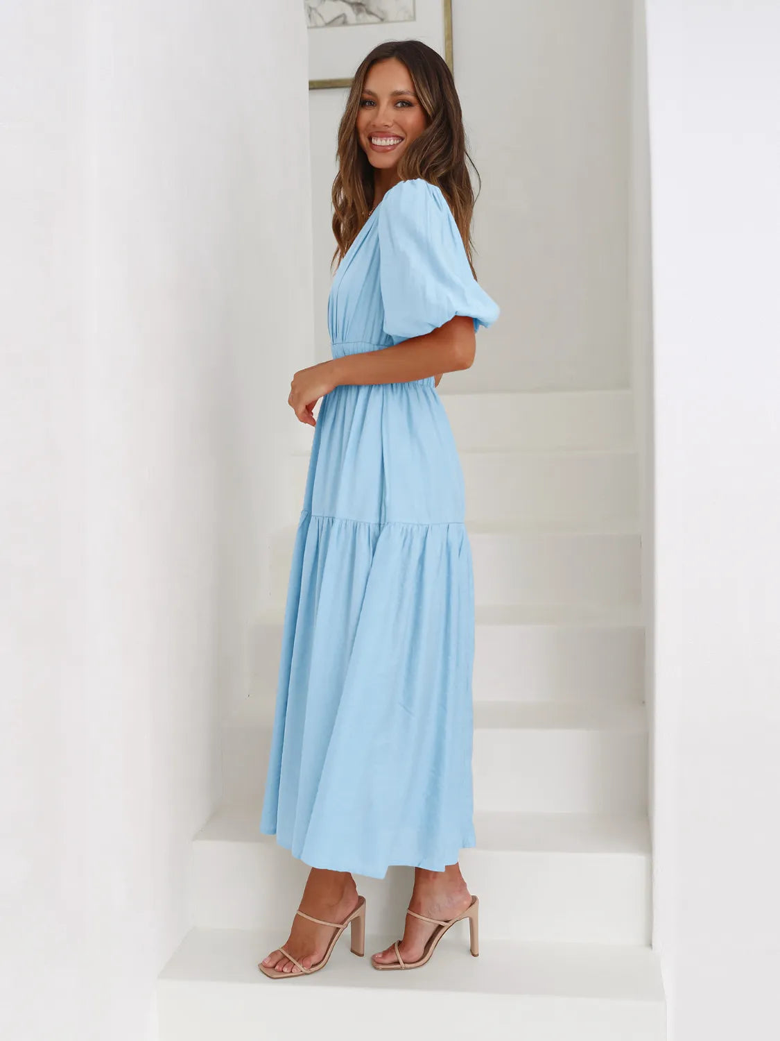 Elegant Surplice Neckline Half Puff Sleeve Midi Dress for Women | Flowy Summer Dress for Beach, Wedding & Cocktail Parties