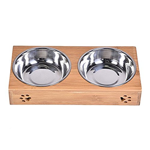 Stainless Steel Pet Bowl with Bamboo Base - Dual Food & Water Dish for Dogs & Cats - Perfect for Home & Travel