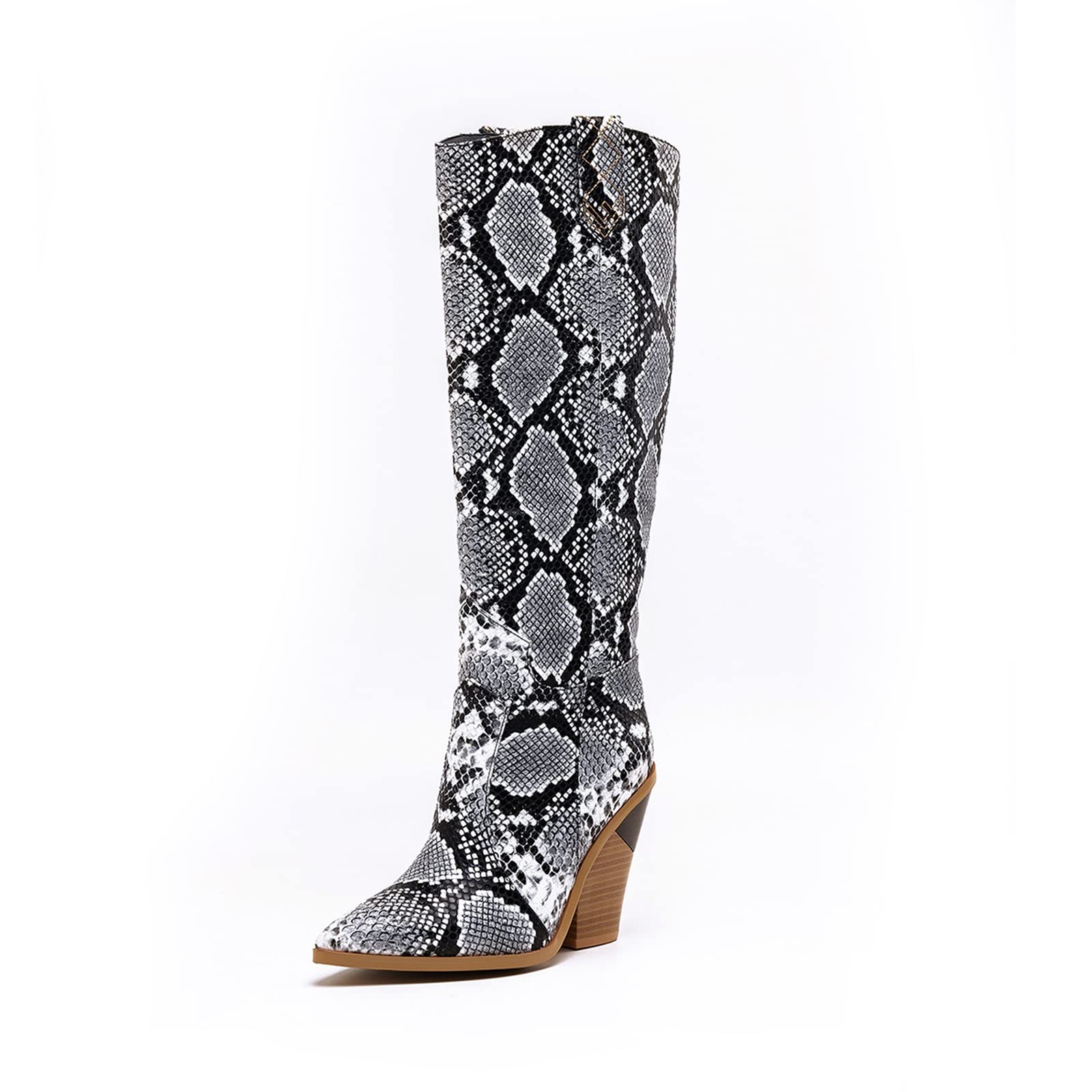 FiveShops Women's Fashion Boots - Retro Snake Print Pointed Toe Chunky Heel Knee High Boots for Women | Stylish Catwalk Shoes in Extended Sizes | Perfect for Fall Winter Outfits, Parties & Office Wear