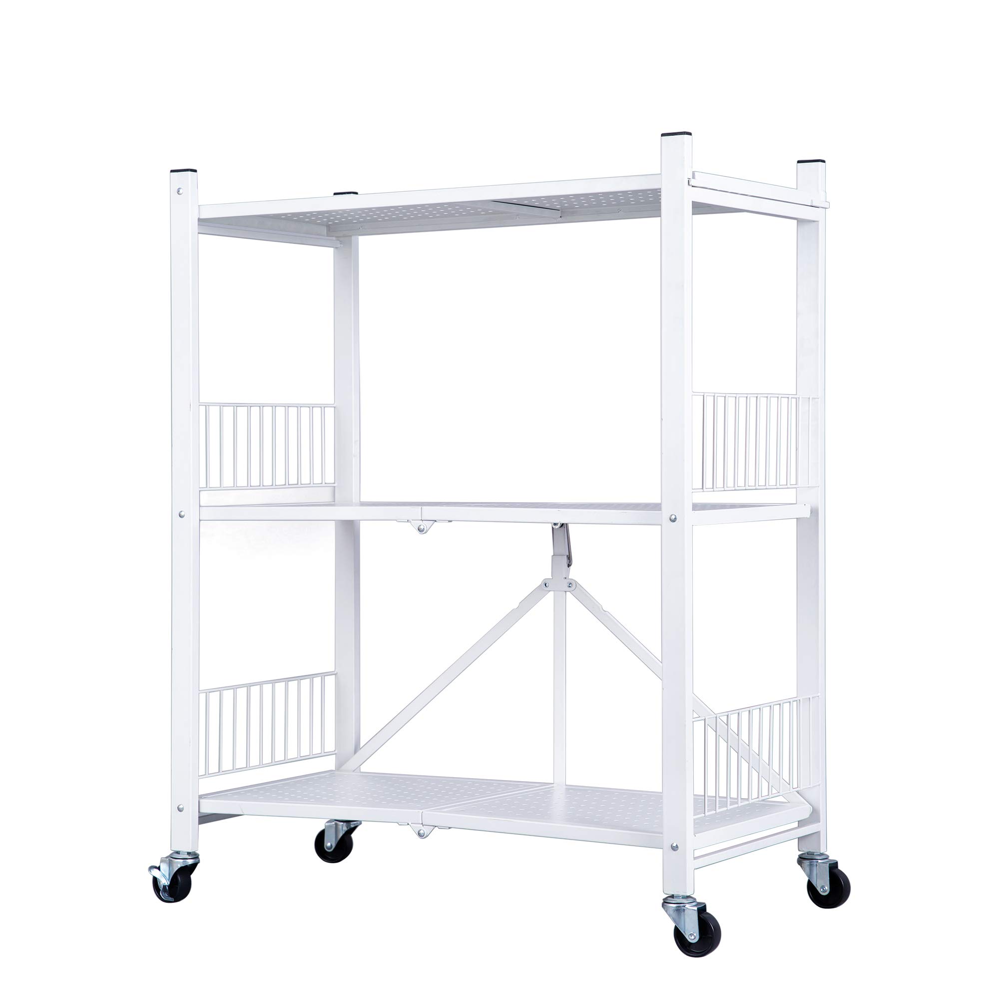 Foldable Storage Shelves Unit - 3-Tier Small Folding Utility Shelf with Wheels, Space-Saving Organizer Rack for Kitchen, Pantry, Basement, Warehouse | Portable Mobile Storage Solution for Home & Office (White)