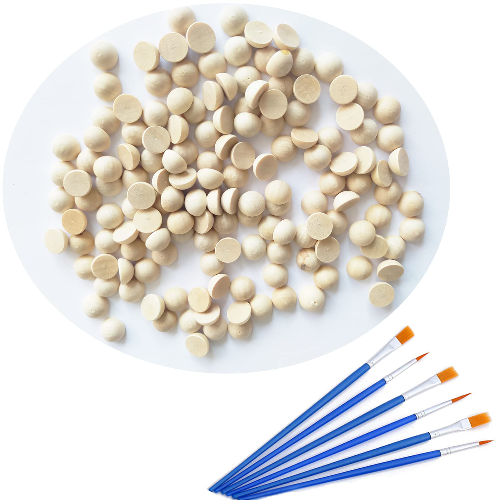 300 Pcs 10mm Unfinished Half Wooden Balls for DIY Crafts - Natural Wood Half Spheres with 6 Nylon Paint Brushes - Perfect for Home Decor, Scrapbooking & Woodworking Projects