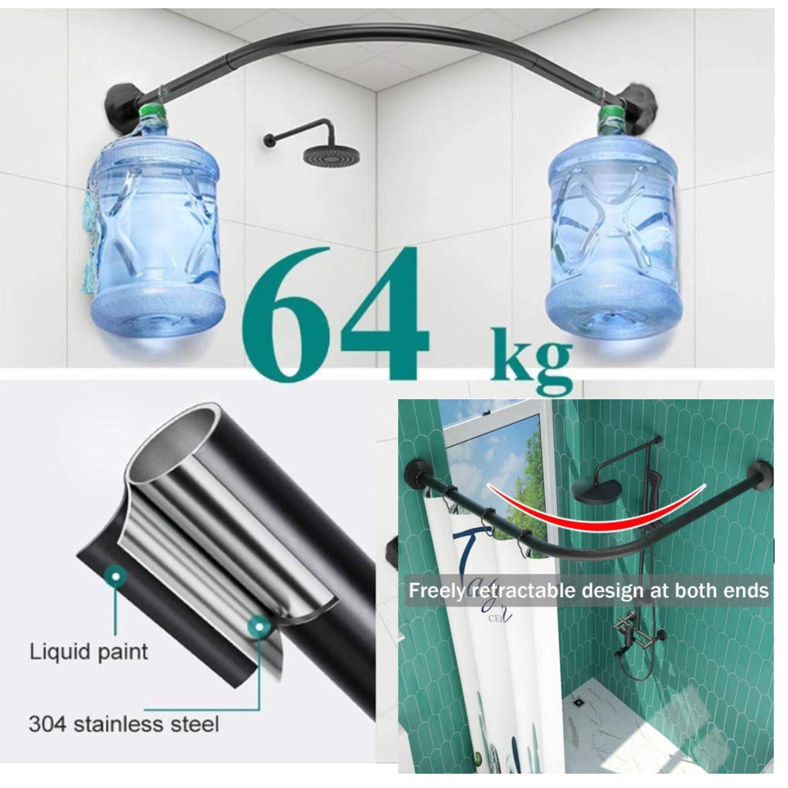 Adjustable Curved Shower Rod - No Drill Stainless Steel L-Shaped Extendable Bathroom Shower Rail (70-95x90-130cm) with Shower Curtain - Perfect for Small Bathrooms, Closets & Fitting Rooms