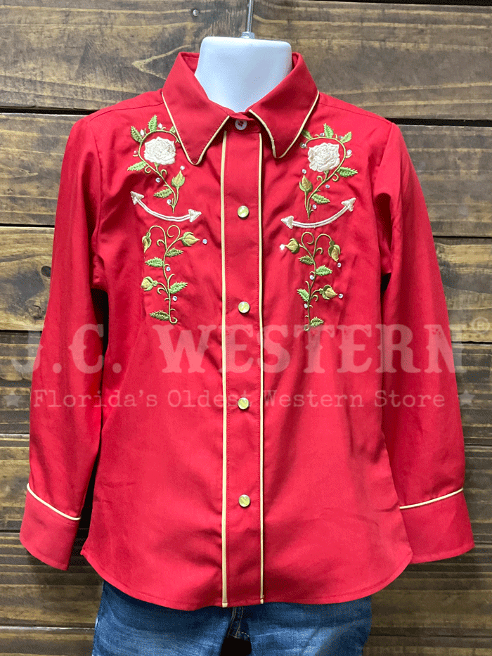 Rangers 011NA01 Girls Western Shirt - Long Sleeve Embroidered Red Cowgirl Top for Rodeo, Horse Riding & Country Fashion