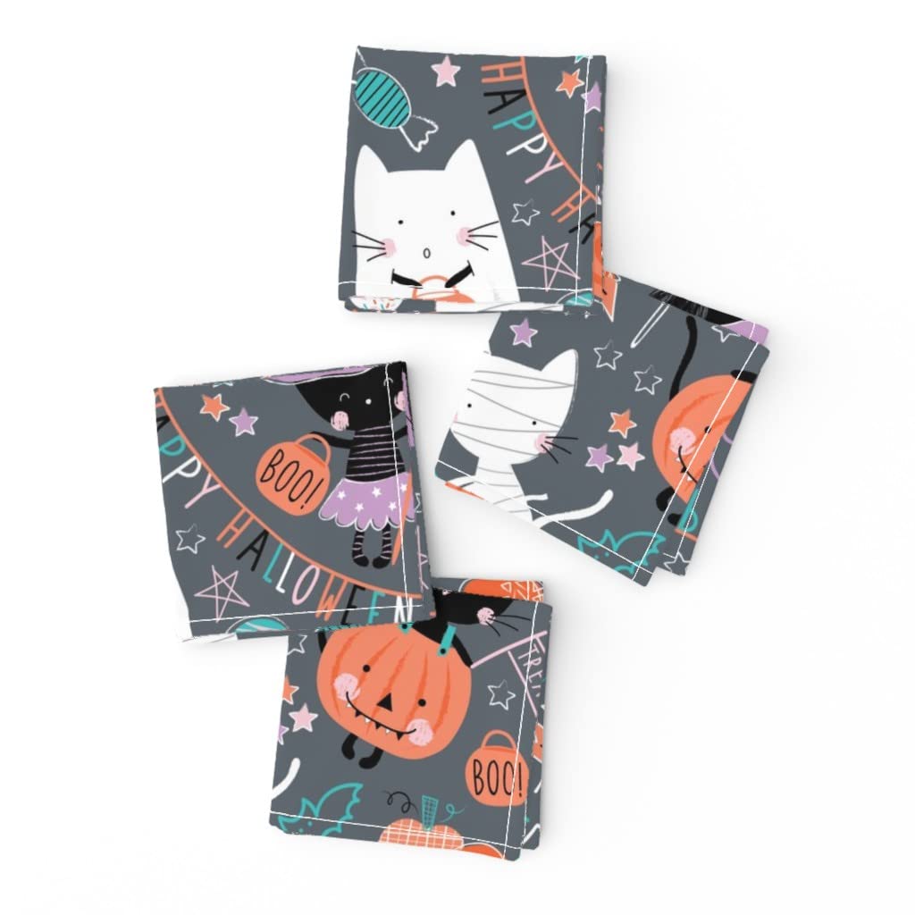 Premium Linen Cotton Canvas Cocktail Napkins Set of 4 - Vintage Halloween Cat Print Party Napkins for Kids & Adults | Perfect for Halloween Parties, Cocktail Hours & Home Decor
